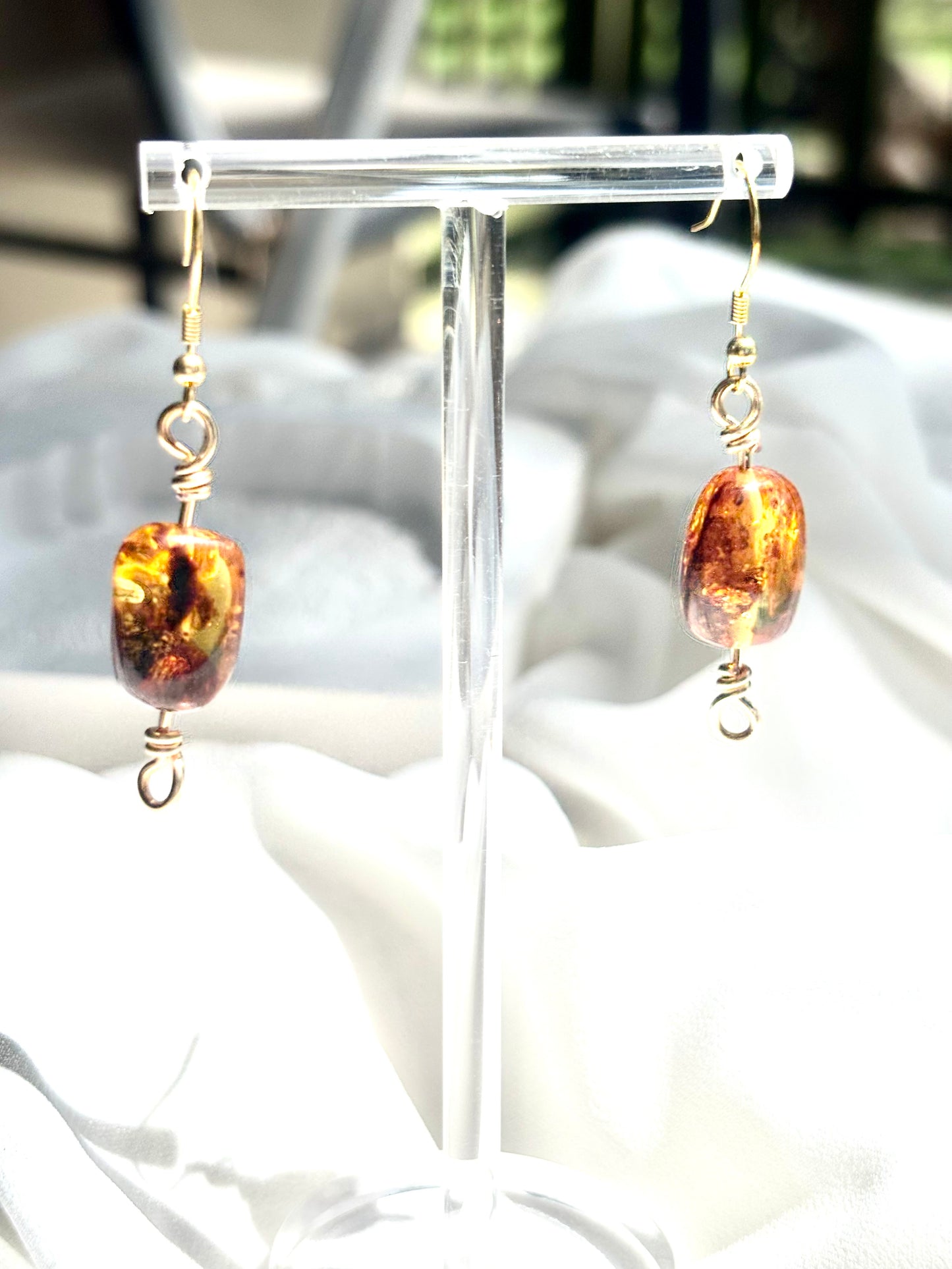 Elegant Chunky Natural Amber Dangling Gold-Plated 925 Sterling Silver Wire Earrings