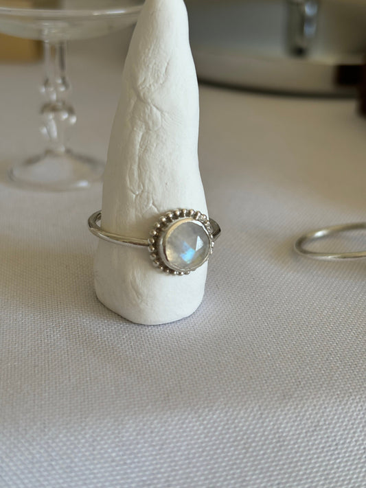 Natural moonstone rose cut stone ring, 925 sterling silver