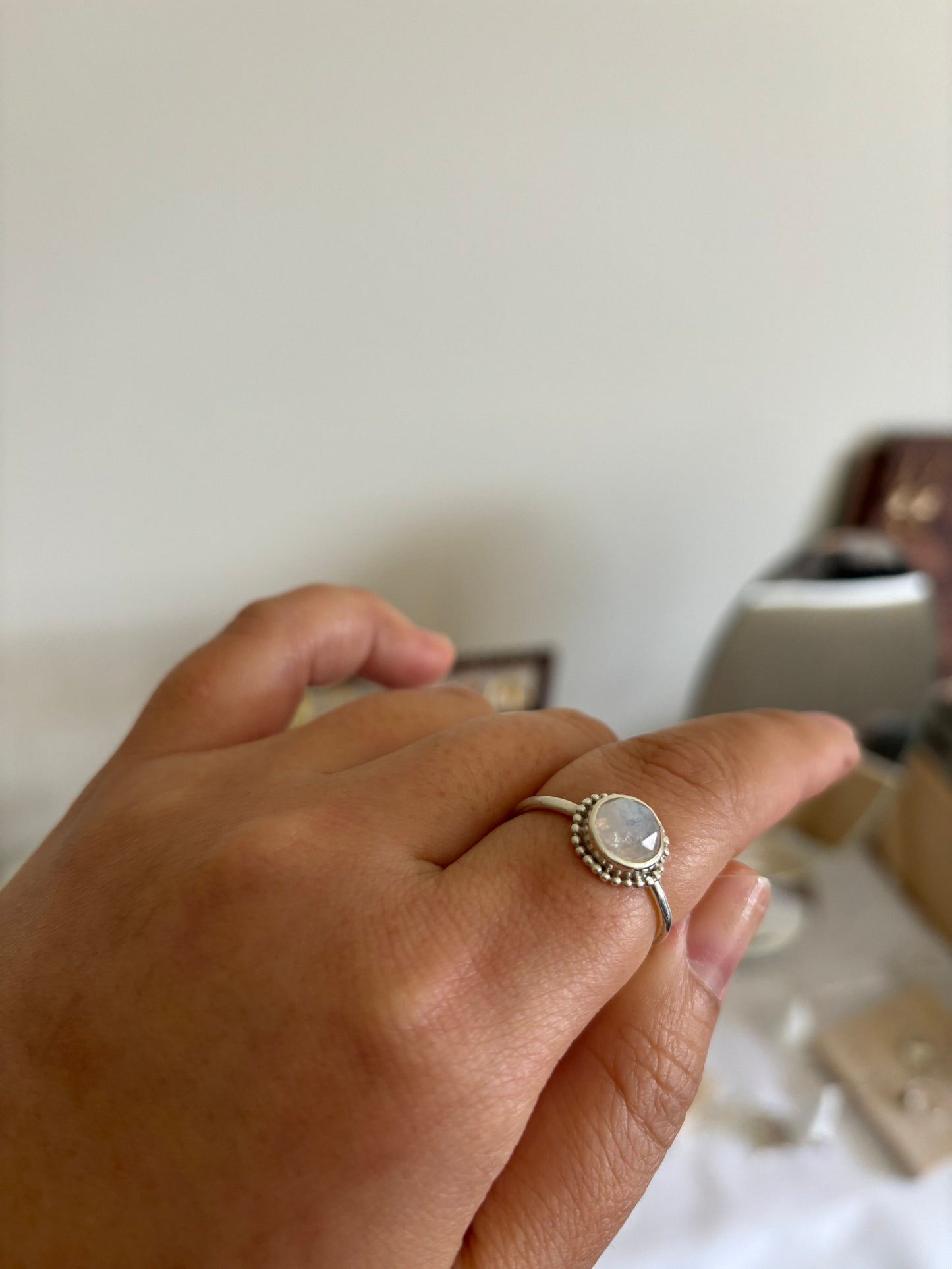 Natural moonstone rose cut stone ring, 925 sterling silver