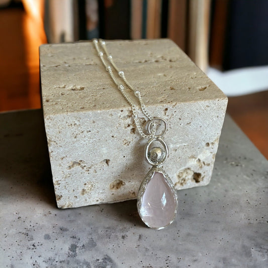 Natural Rose quartz oval crystal clear necklace 925 sterling silver
