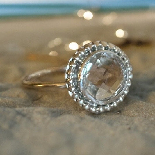 Elegant clear quartz rose cut art ring 925 sterling silver