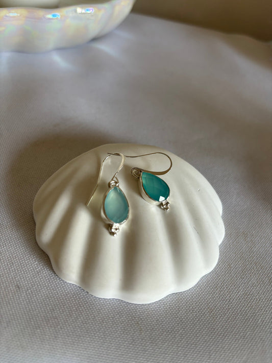 Blue chalcedony unsymmetrical pear shape 925 sterling silver earrings