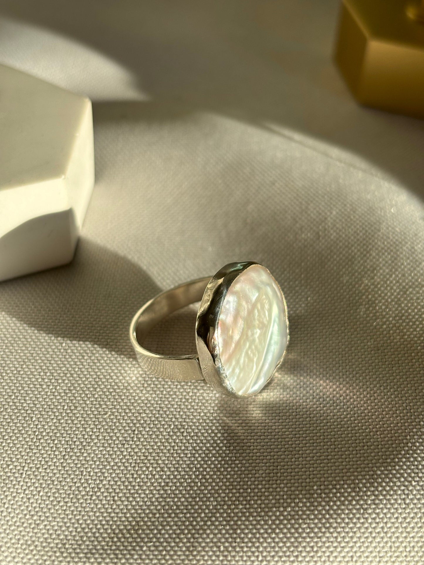 Natural coin white pearl statement 925 sterling silver ring