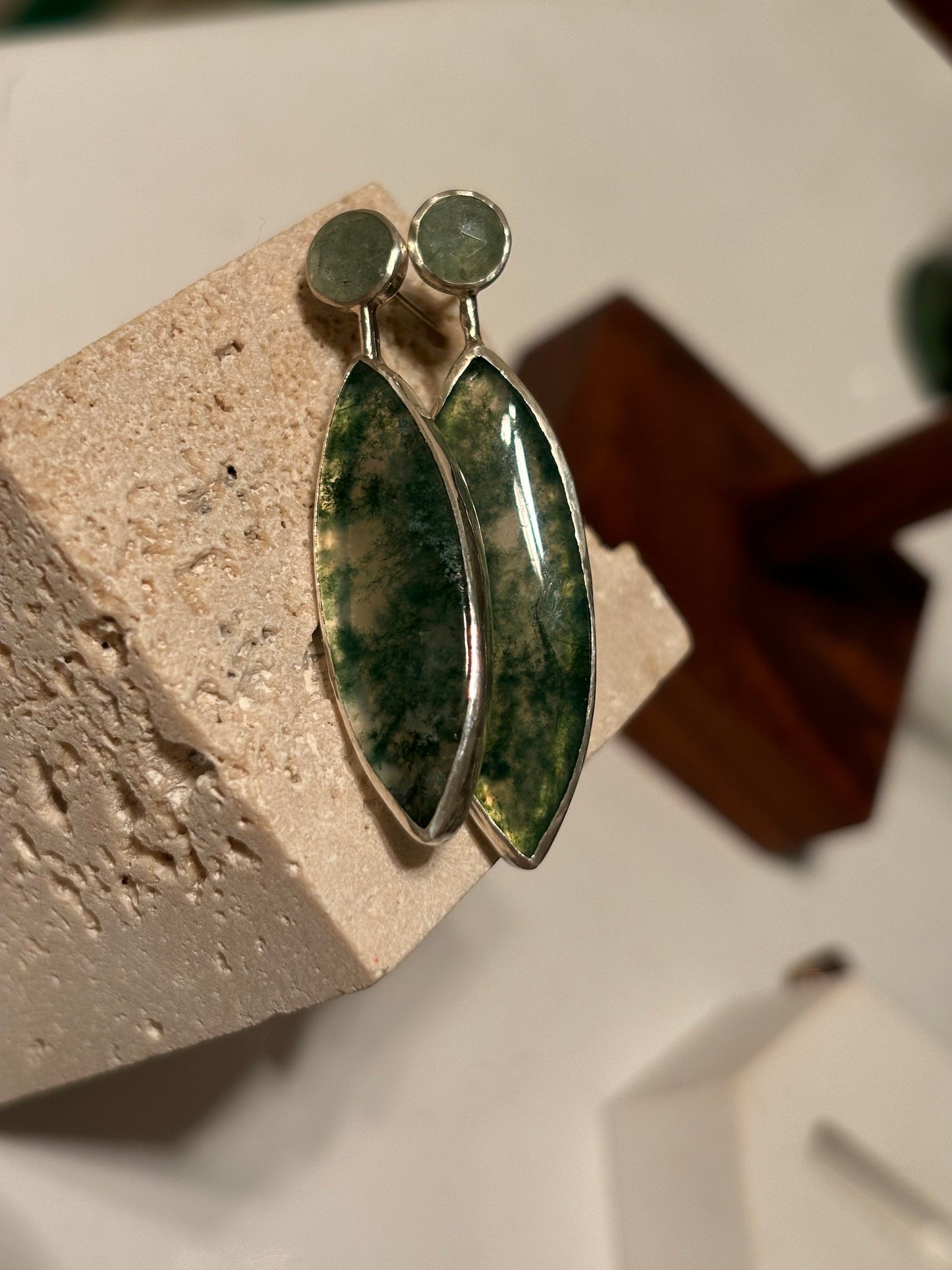 Marquise moss agate with mint kyanite 925 sterling silver see through studs
