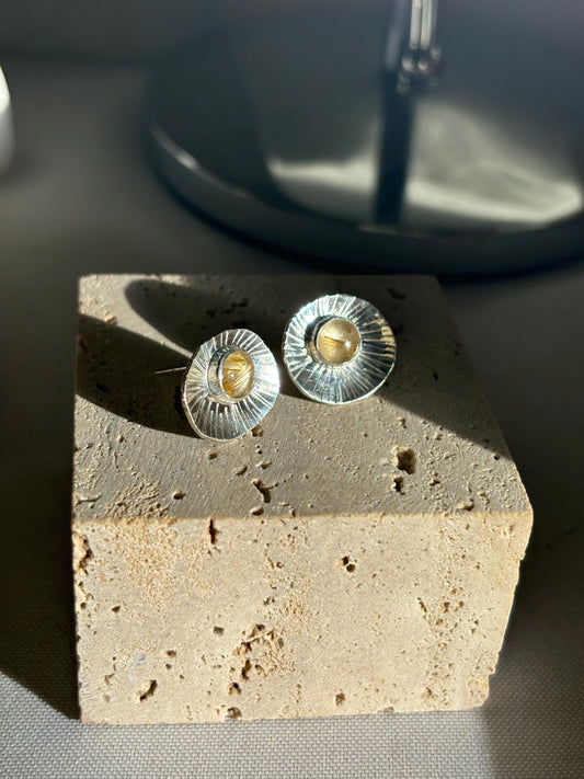 Natural golden rutile quartz textured palm leaf inspired 925 sterling silver studs