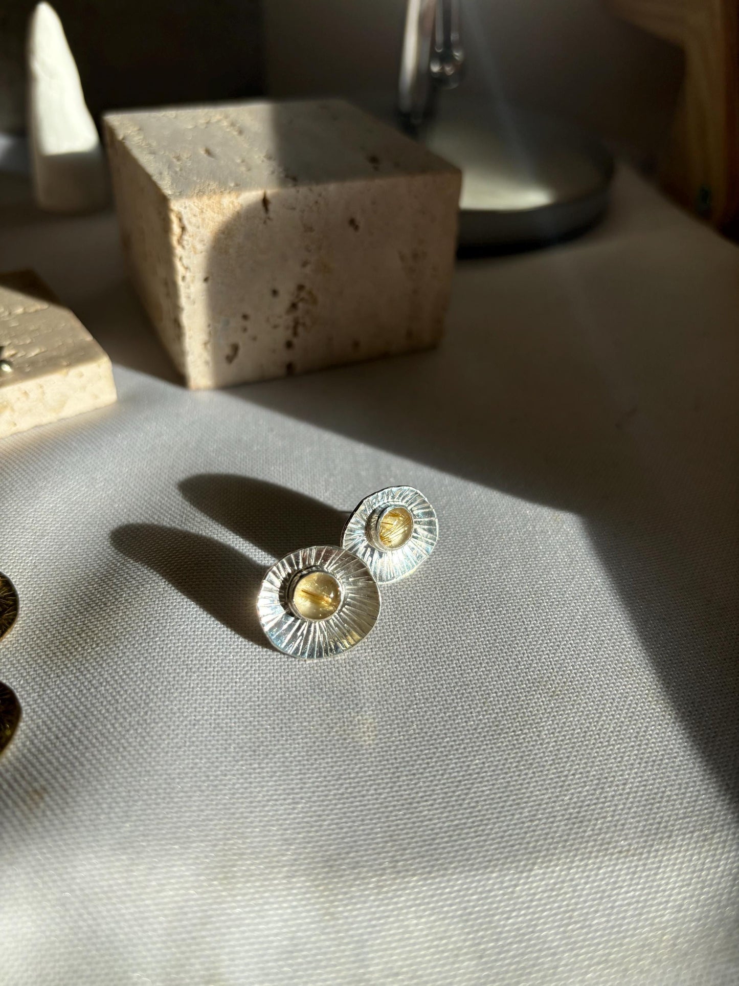 Natural golden rutile quartz textured palm leaf inspired 925 sterling silver studs