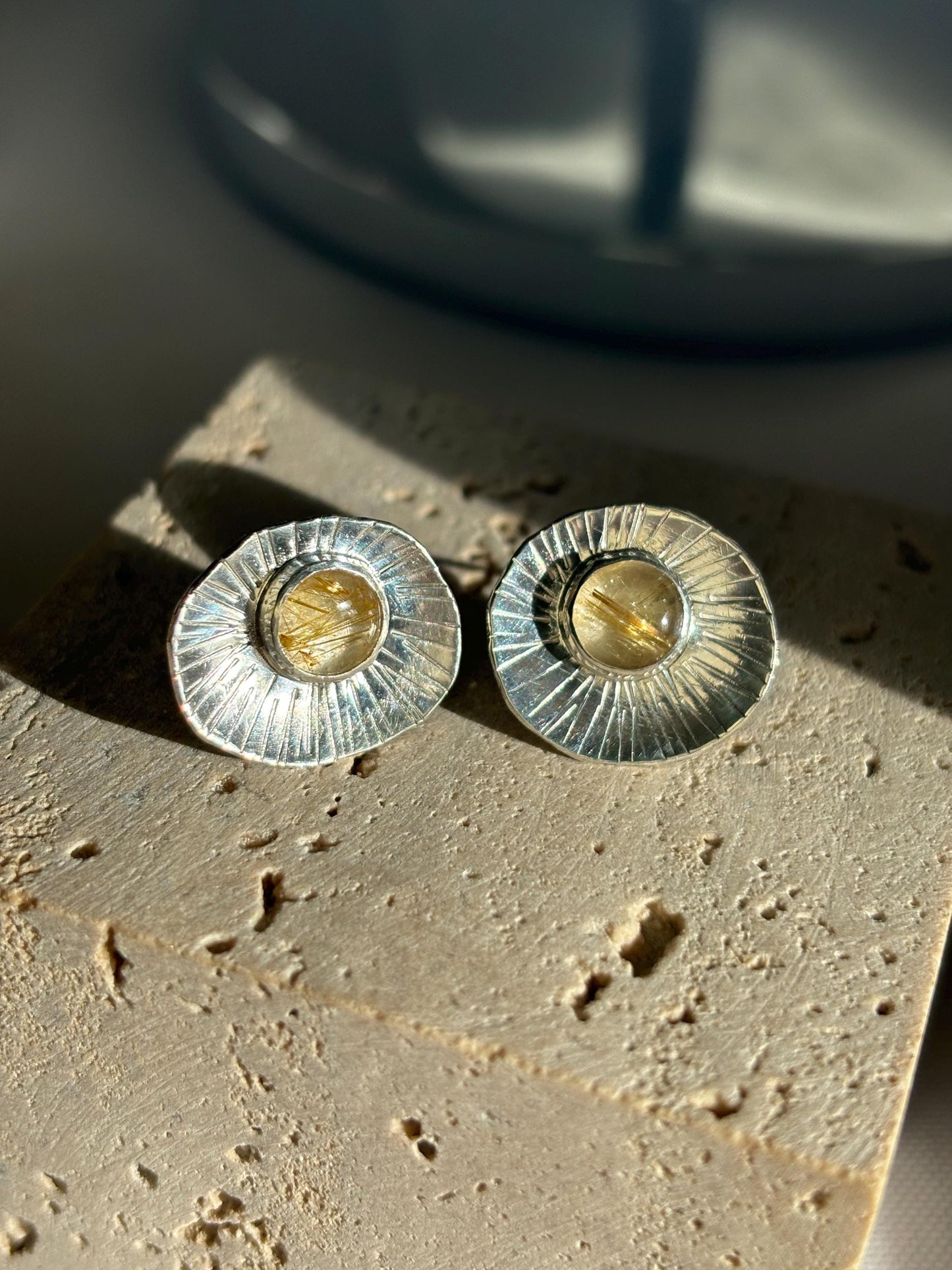 Natural golden rutile quartz textured palm leaf inspired 925 sterling silver studs