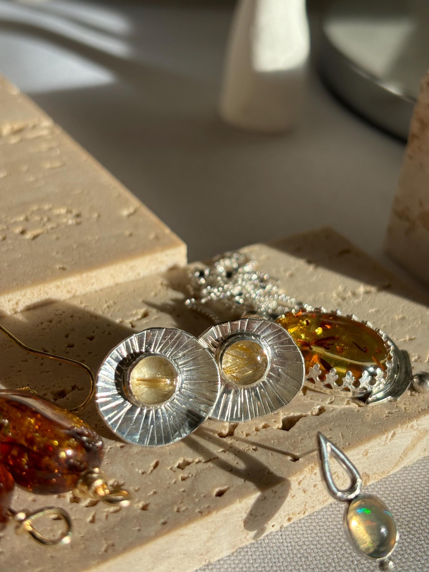 Natural golden rutile quartz textured palm leaf inspired 925 sterling silver studs