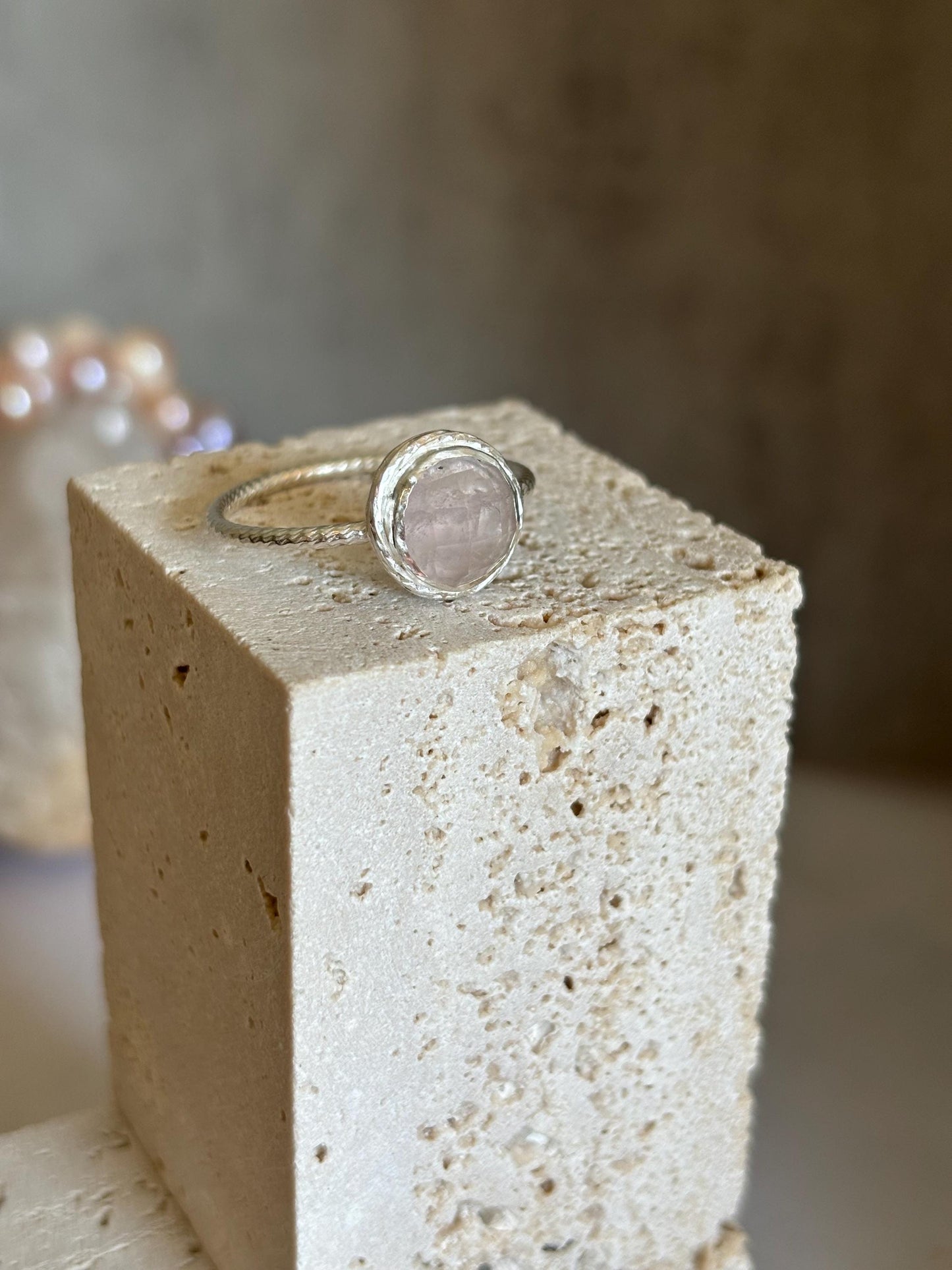 Natural rose quartz rose cut stone ring, 925 sterling silver