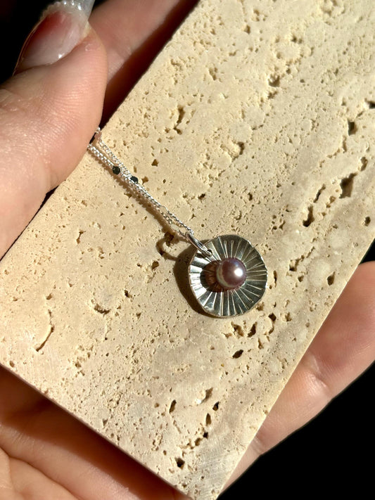 Natural Heather Pearl with Palm Leaf texture inspired 925 sterling silver necklace (AAA Luster)
