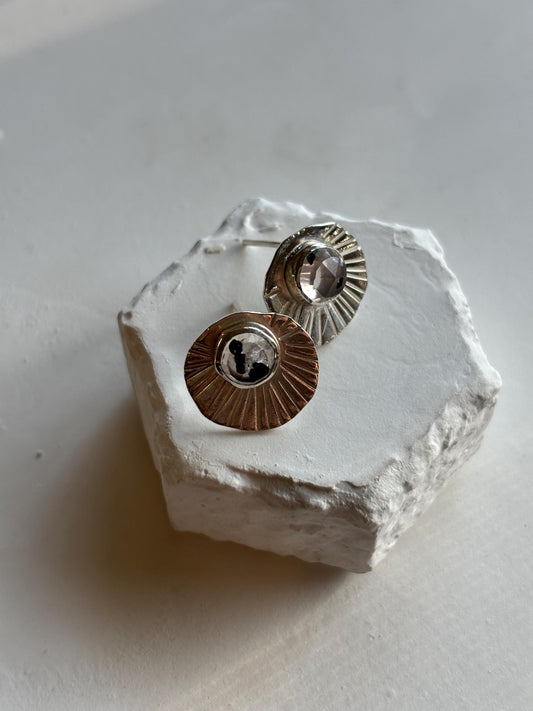 Natural Dalmatian Lepidocrocite Quartz textured palm leaf inspired 925 sterling silver studs