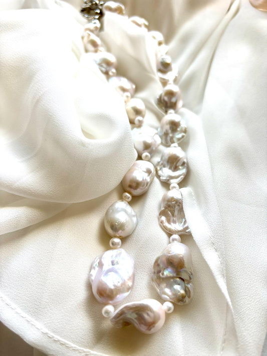 Luna Glow: Iridescent Baroque Freshwater Pearl Necklace 925 Sterling Silver ( AA+ Luster )