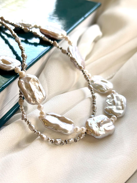 White Truffles Sculpted Rectangular Baroque Pearl 925 Sterling Silver Necklace