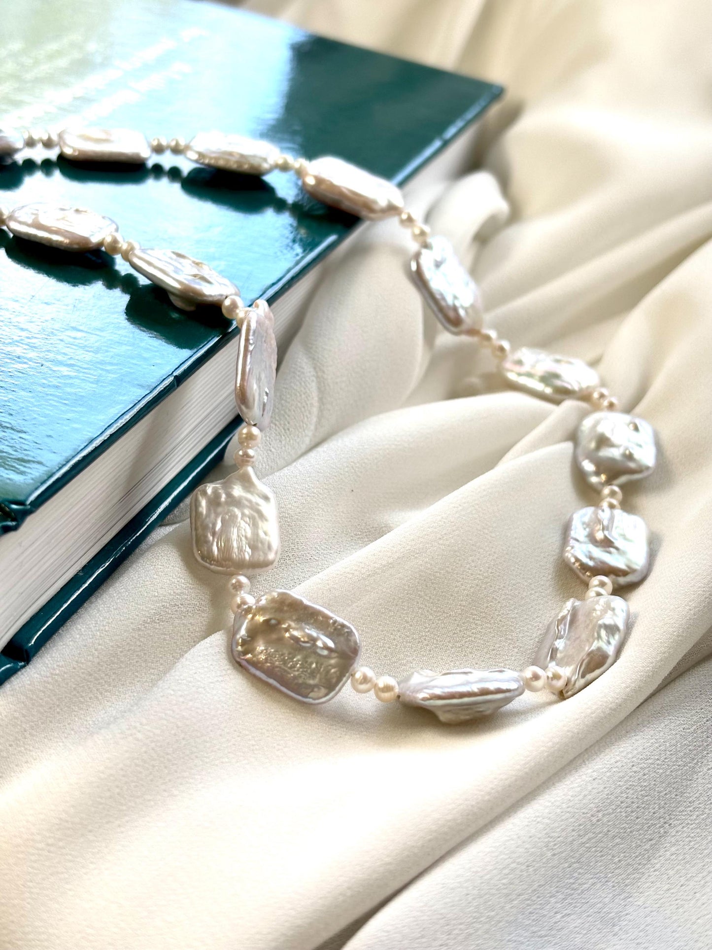 White Truffles Sculpted Rectangular Baroque Pearl 925 Sterling Silver Necklace
