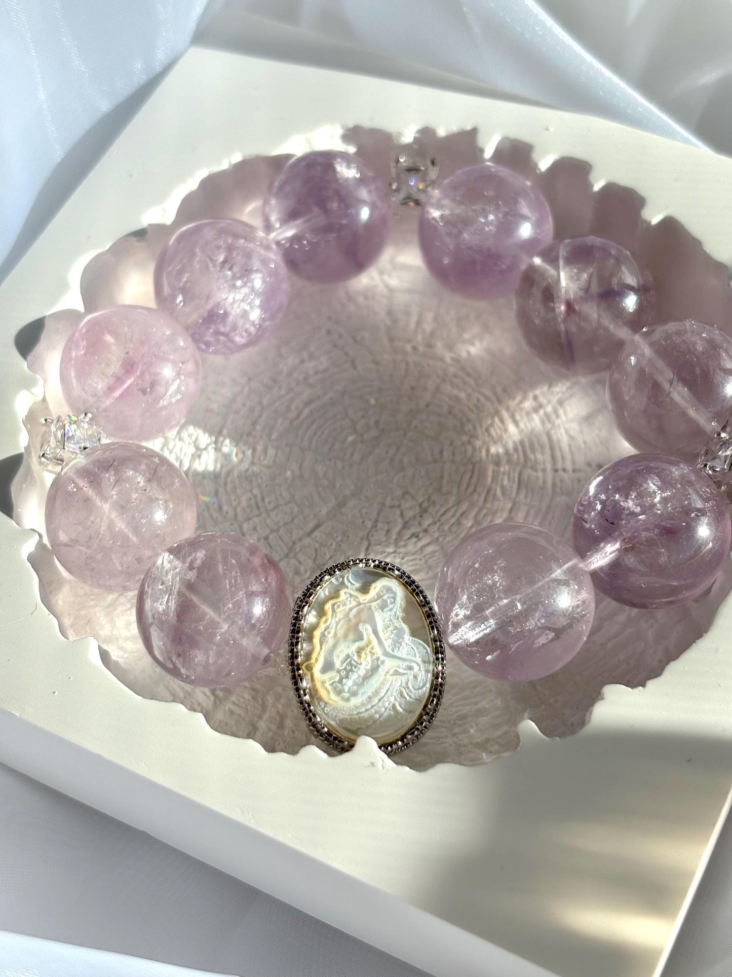 Lavender Amethyst Big Grapes Bracelet with Shell Mermaid Cameo Accent.