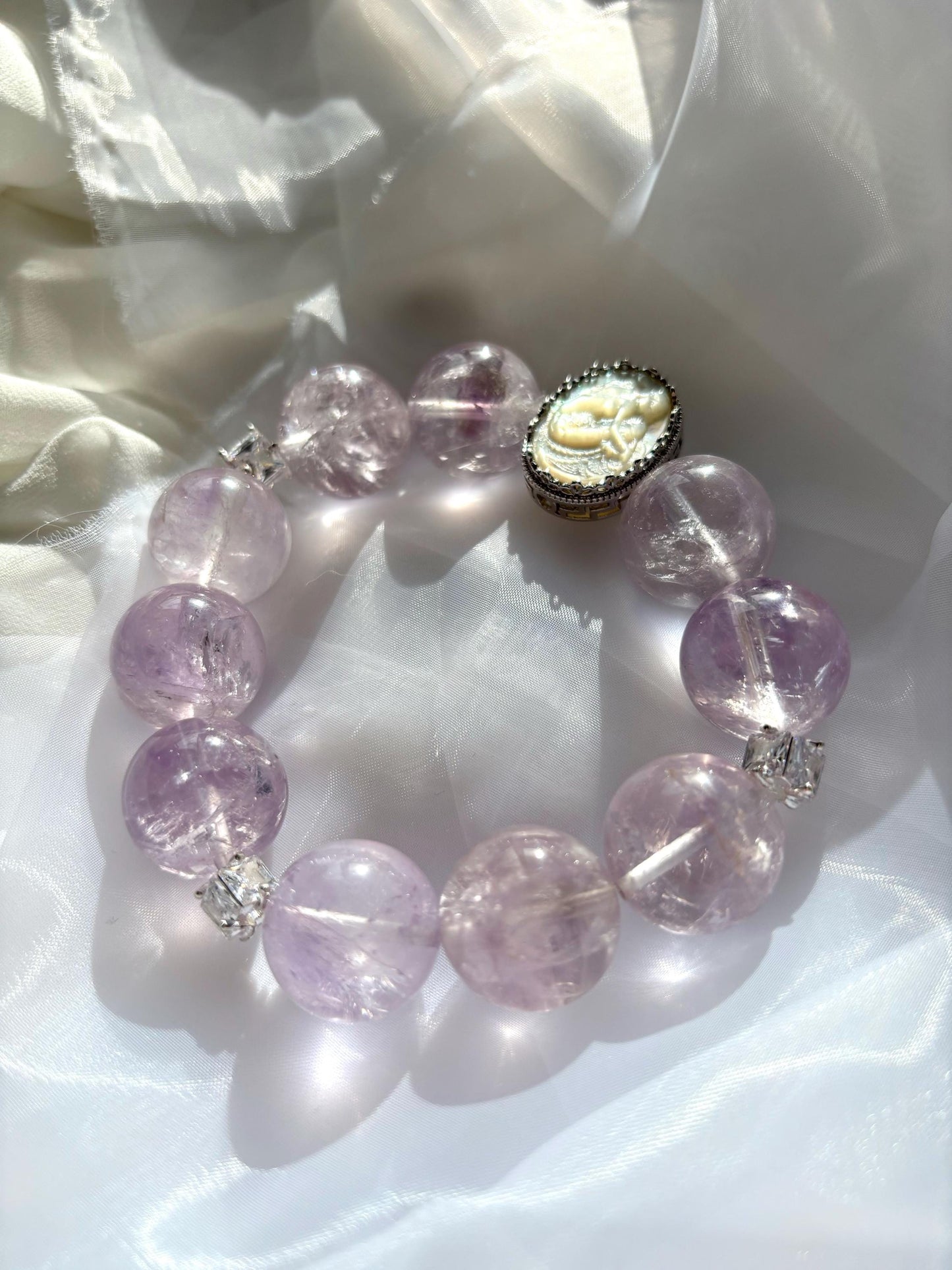Lavender Amethyst Big Grapes Bracelet with Shell Mermaid Cameo Accent.