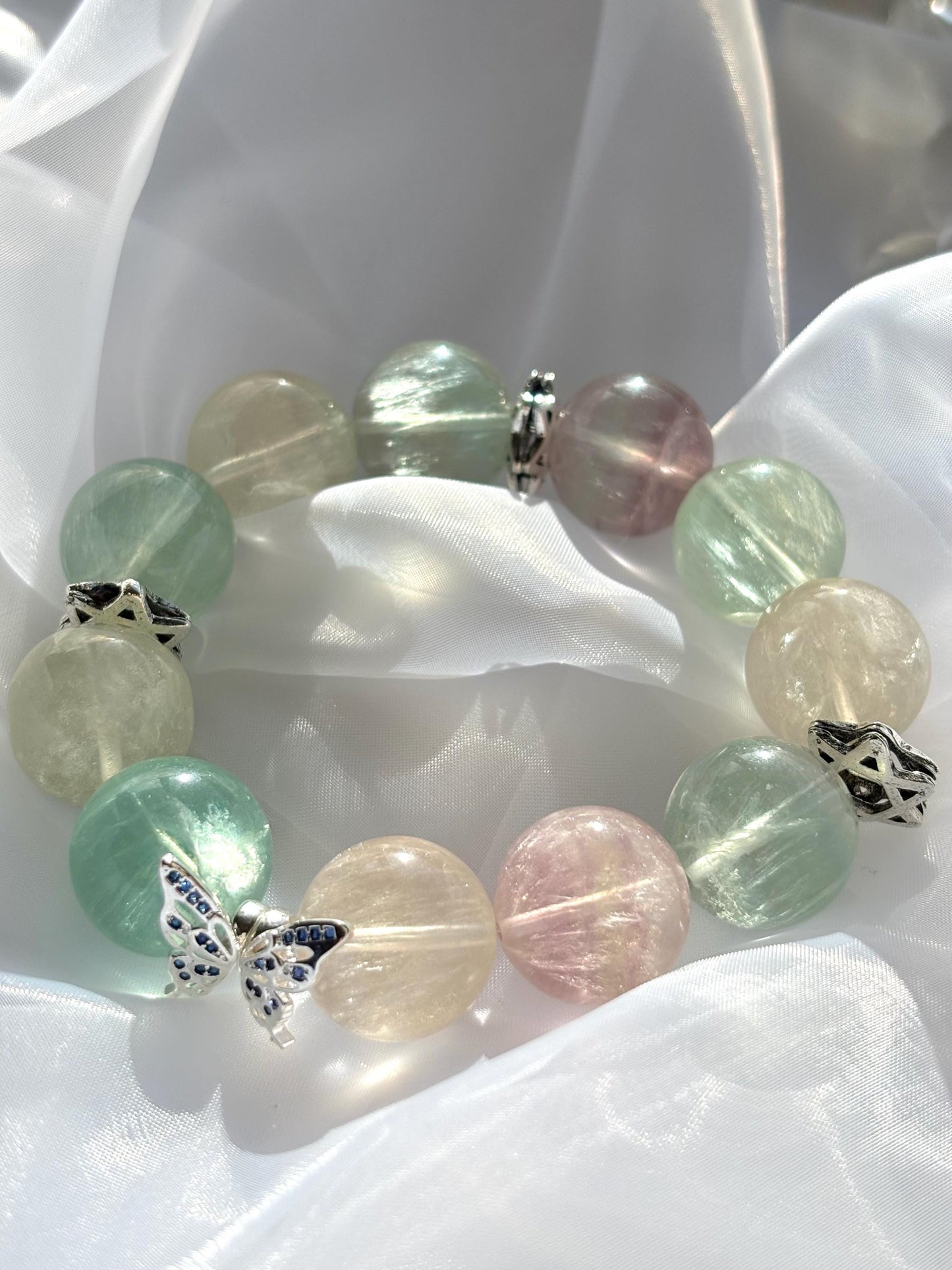 Pastel Unicorn and Butterfly Fluorite Beaded Bracelet.