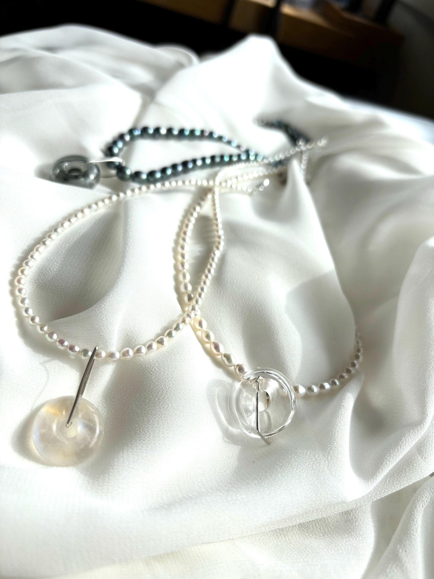 Bubbly Bliss Teardrop Pearl Necklace with Removable Clear Glass Donut Pendant 925 Sterling Silver (AAA Luster)