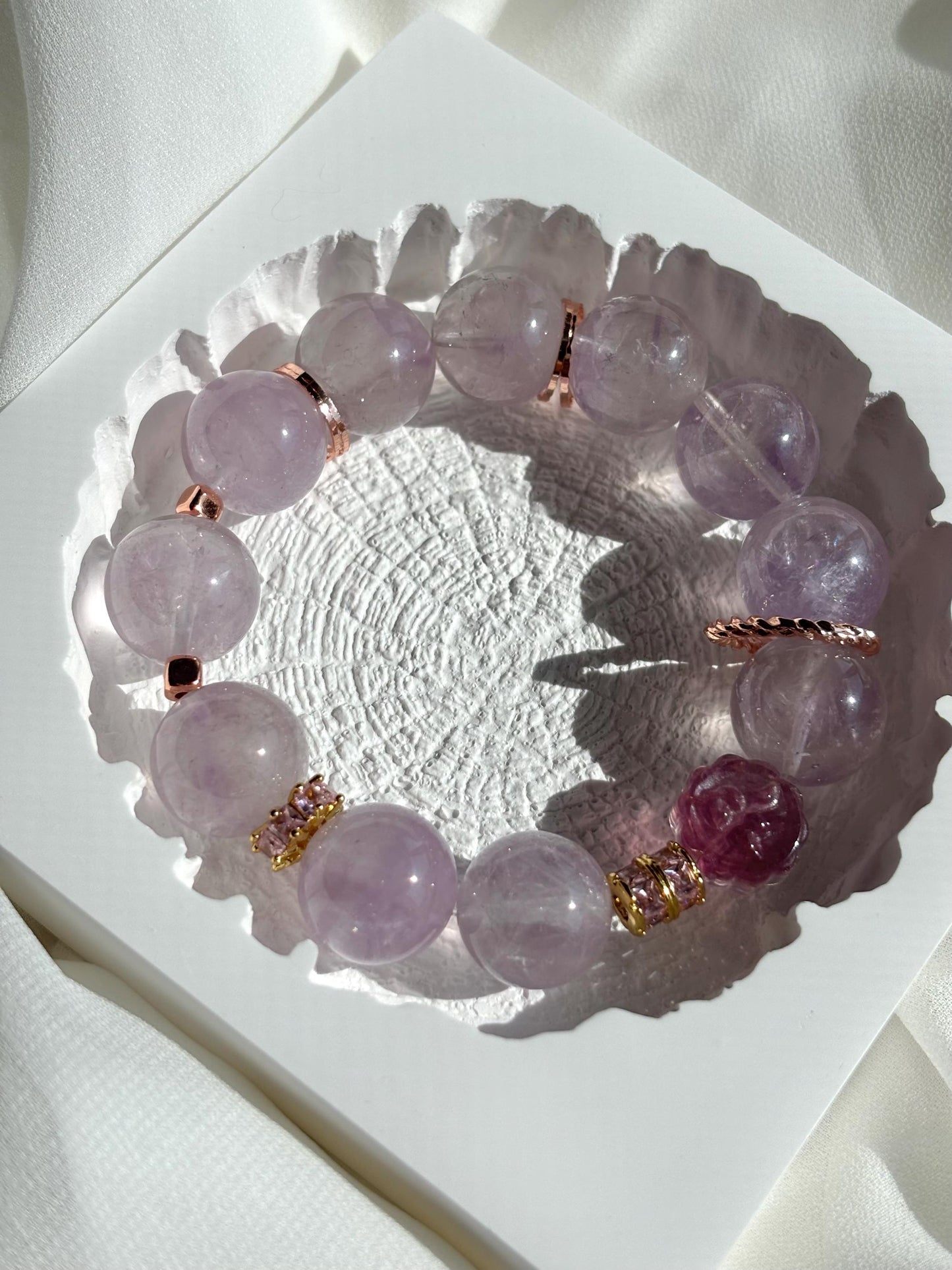 Pink City Amethyst and Flower-Shaped Fluorite Bracelet.