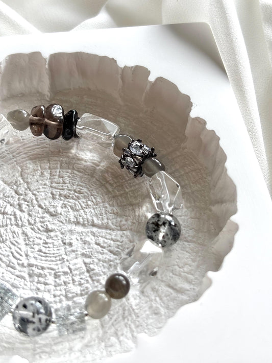 Ethereal Shadows Bracelet – Natural Grey Moonstone, Clear Quartz, Black Pearl, Biotite and Smoky Quartz