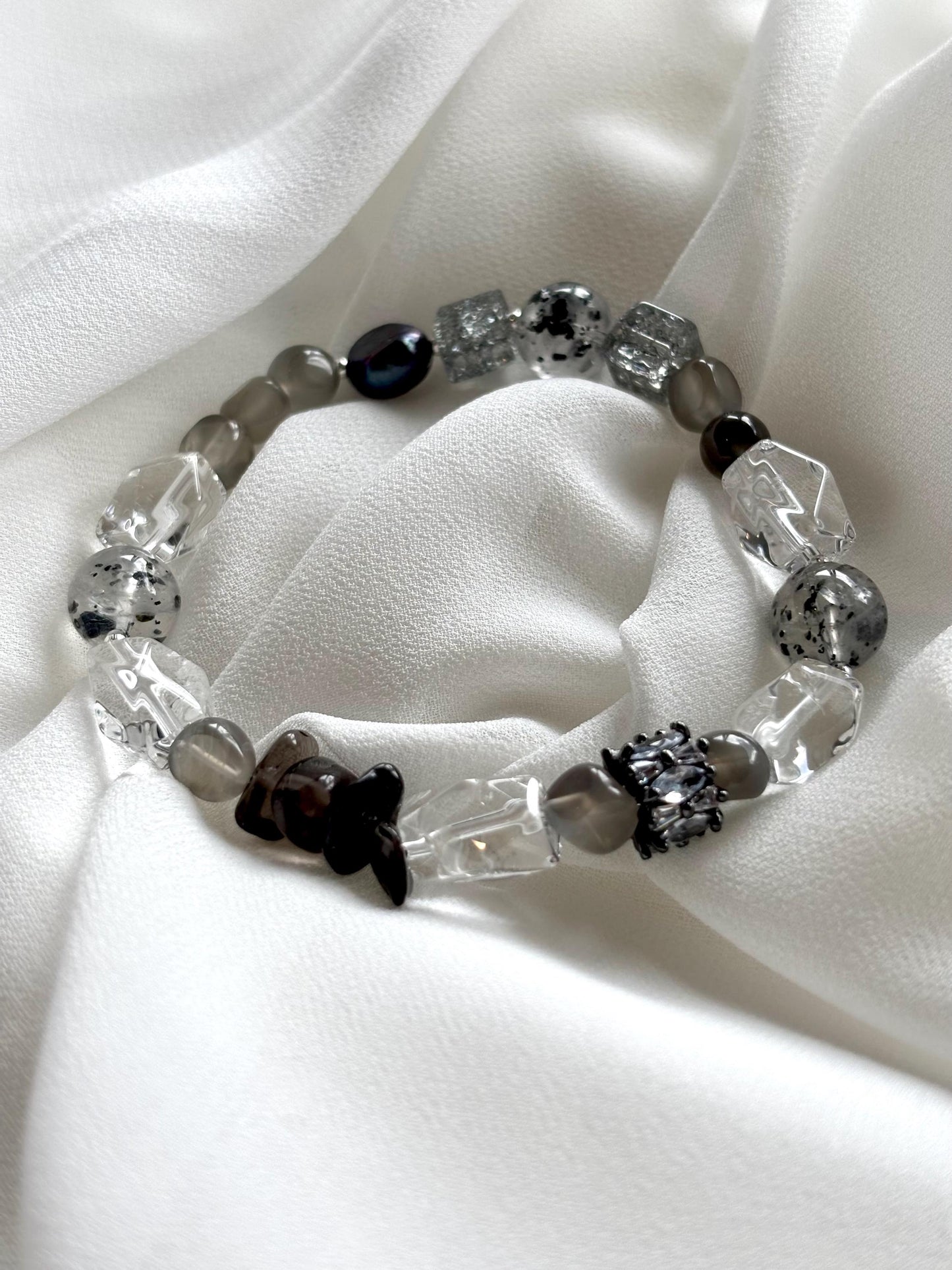 Ethereal Shadows Bracelet – Natural Grey Moonstone, Clear Quartz, Black Pearl, Biotite and Smoky Quartz