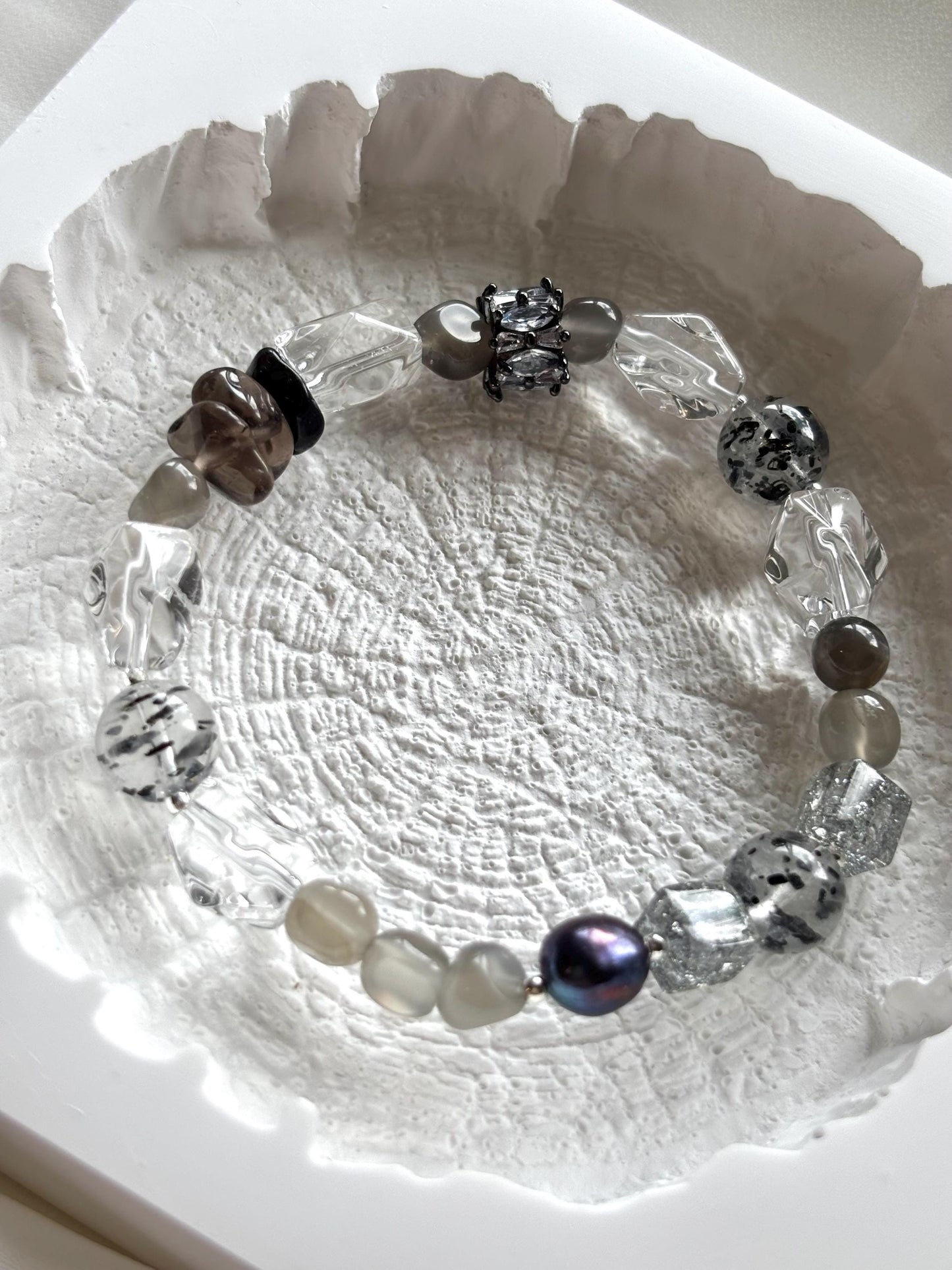 Ethereal Shadows Bracelet – Natural Grey Moonstone, Clear Quartz, Black Pearl, Biotite and Smoky Quartz
