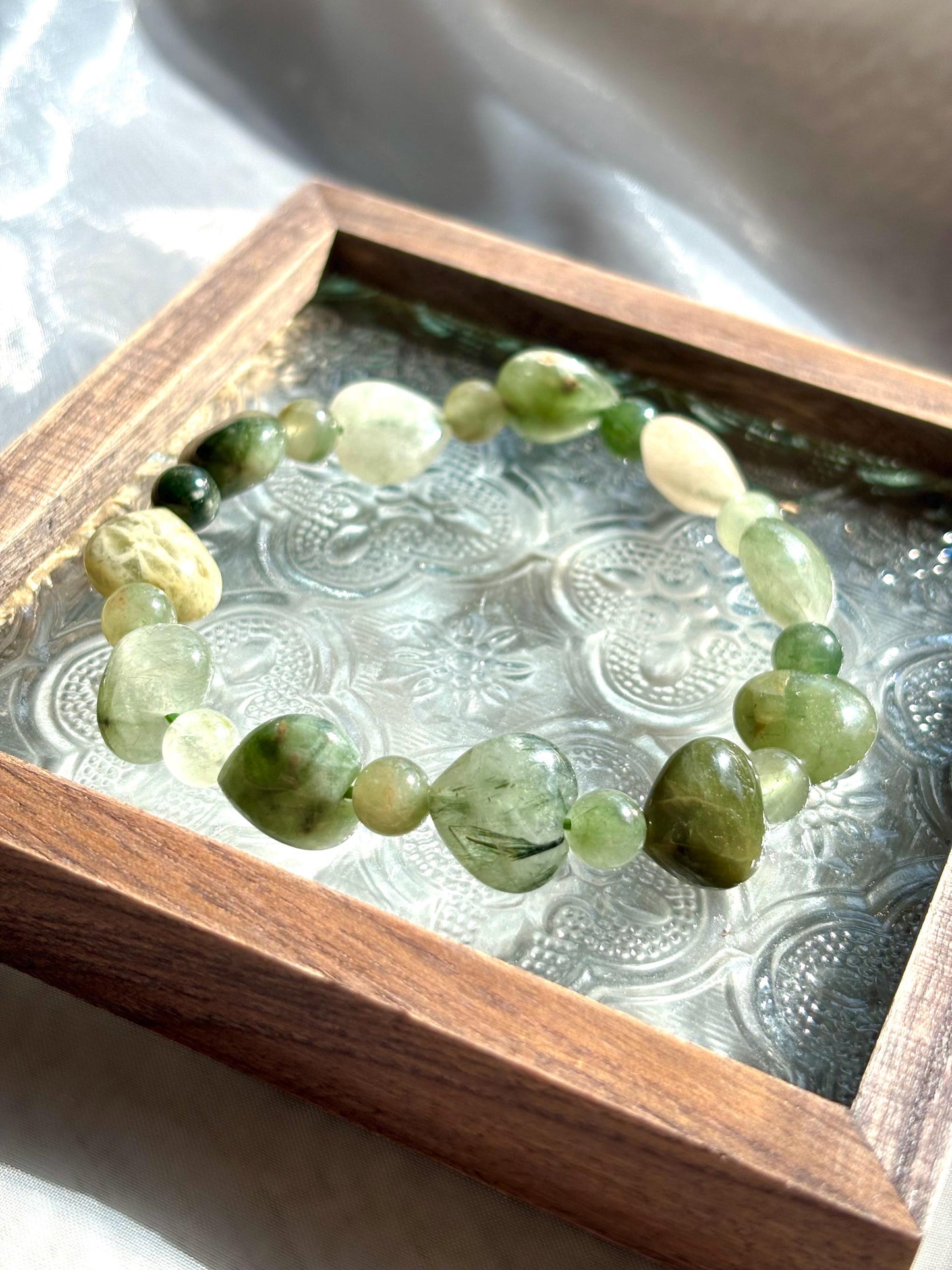 Crisp Light Forest Heart Green Rutilated Quartz Bracelet.