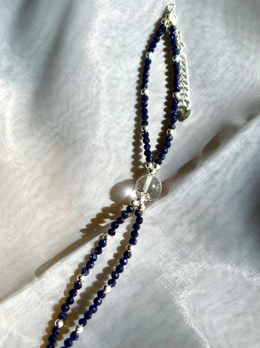 Starlit Elegance Blue Goldstone and Clear Quartz Bracelet.