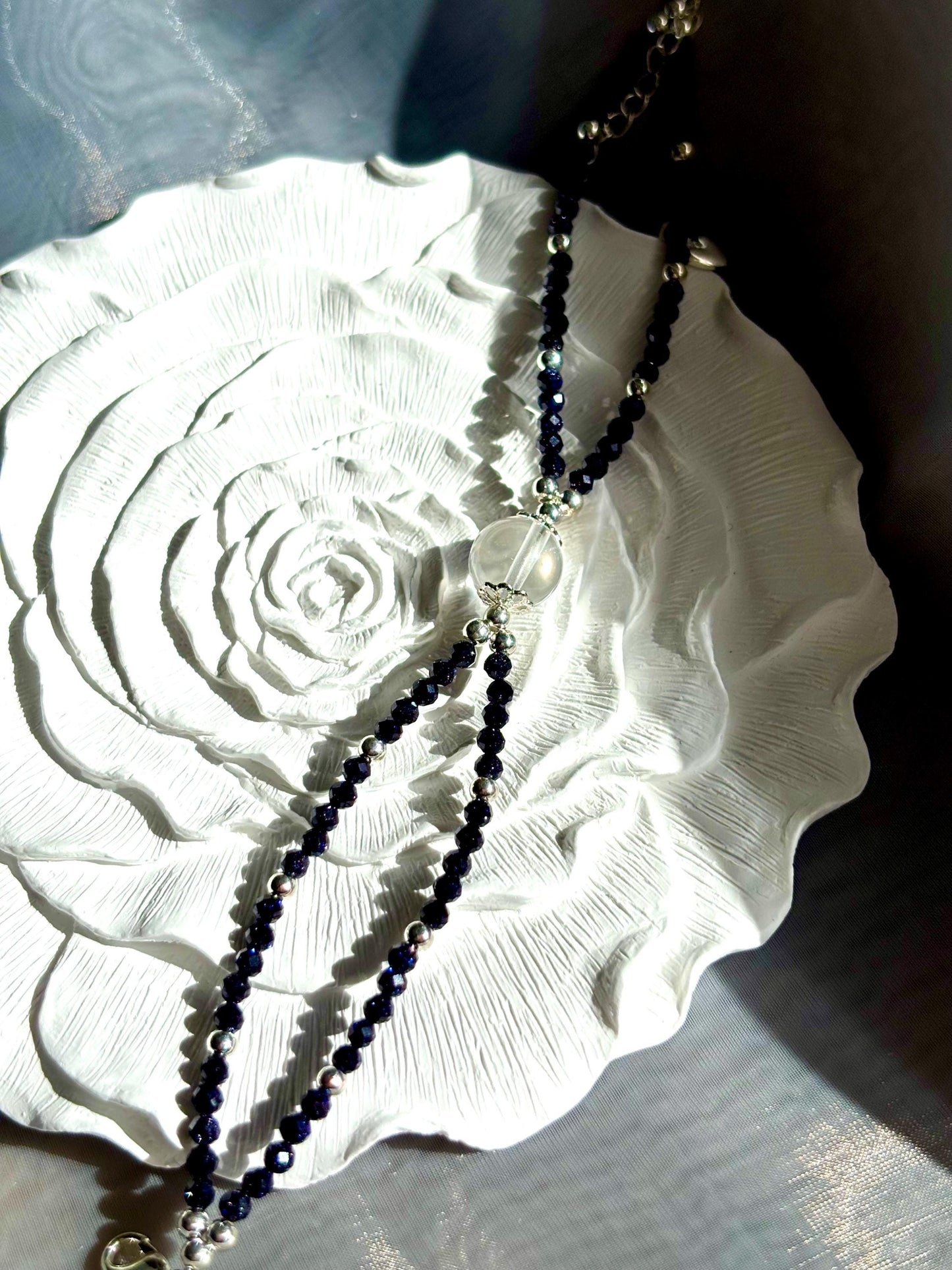 Starlit Elegance Blue Goldstone and Clear Quartz Bracelet.