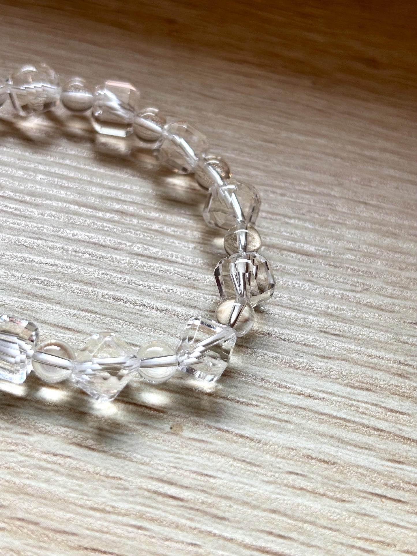 Clear Quartz Bracelet with Faceted Cube and Round Beads – High Clarity Crystal Jewelry