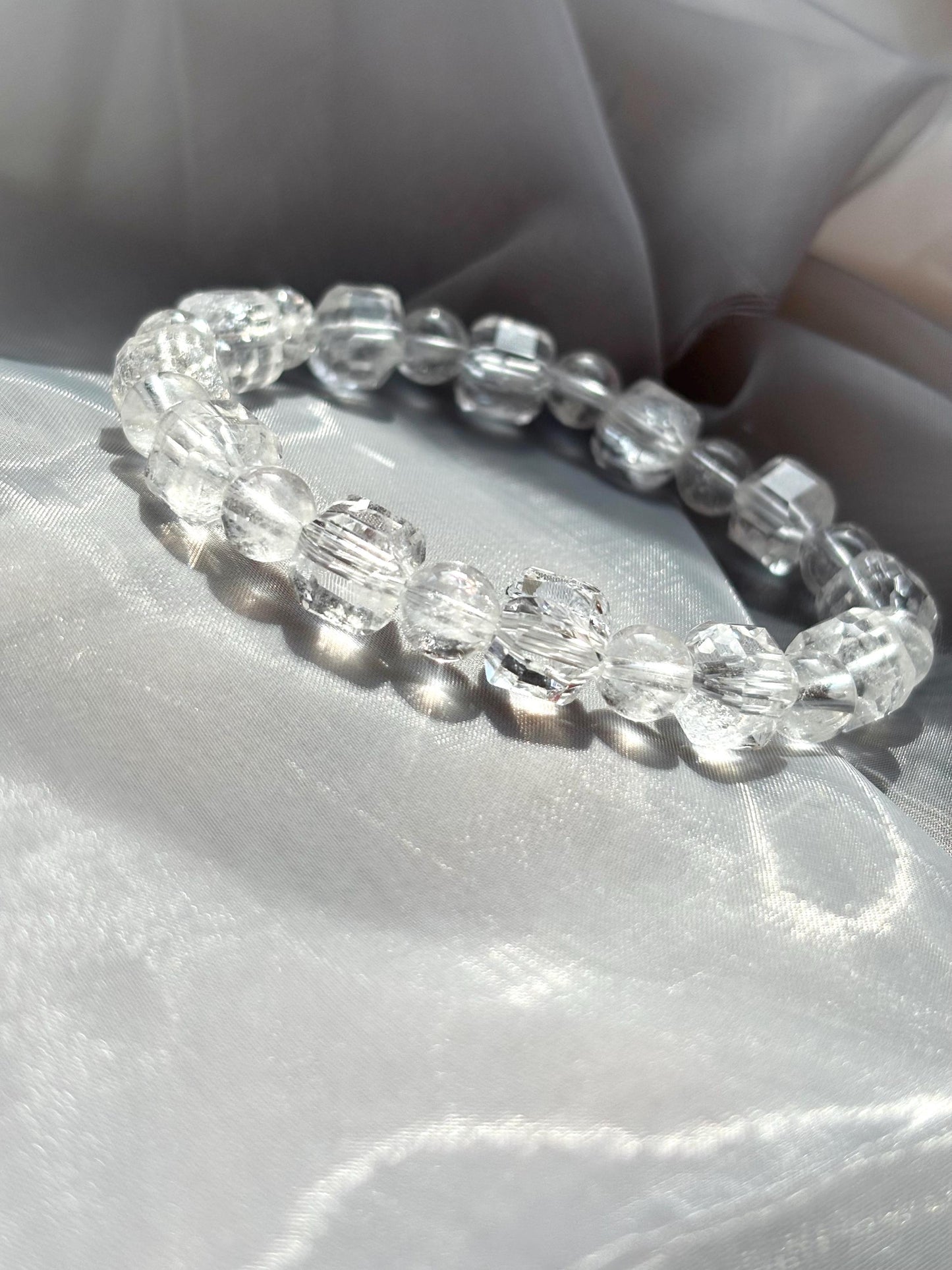 Clear Quartz Bracelet with Faceted Cube and Round Beads – High Clarity Crystal Jewelry