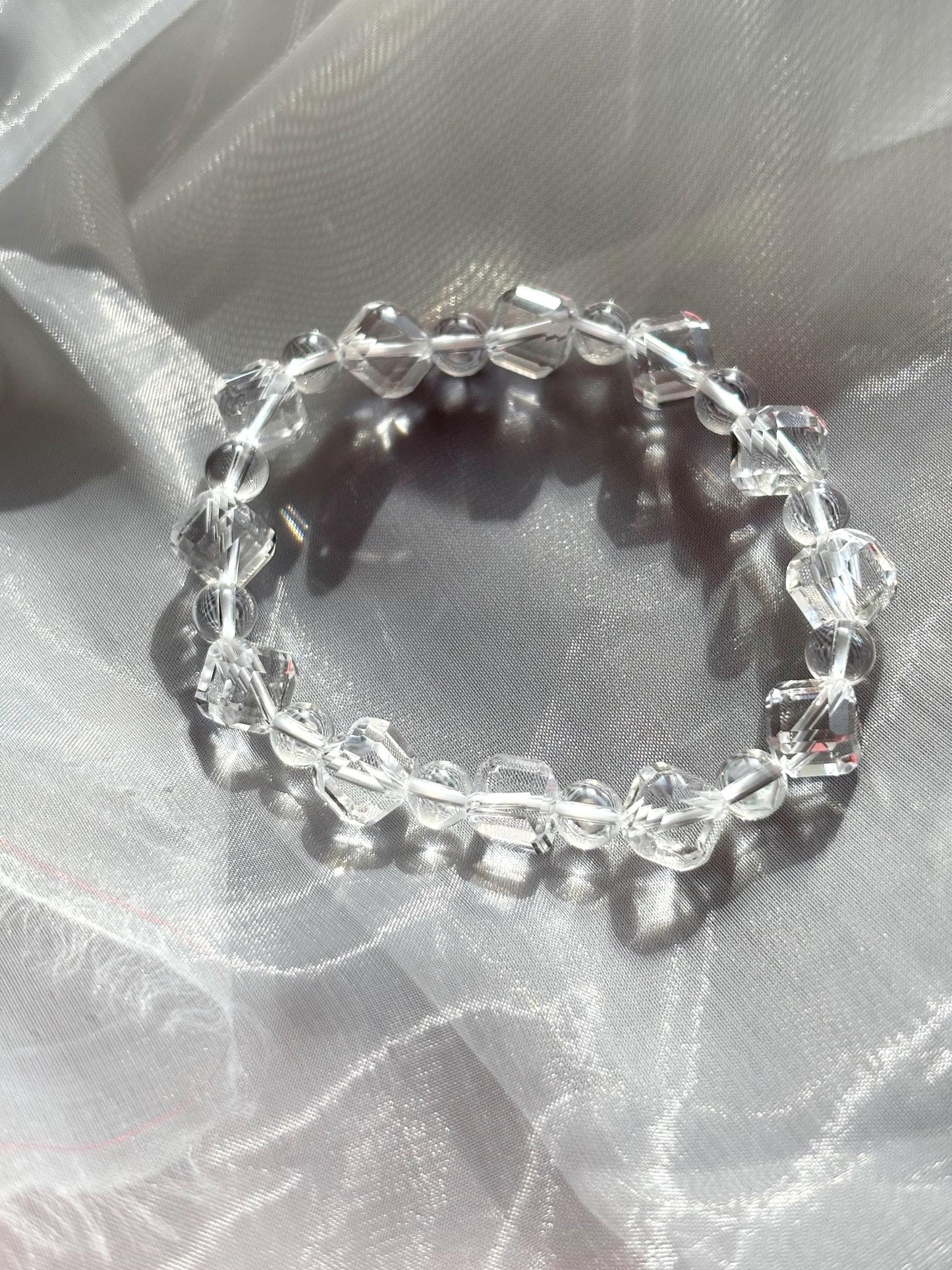 Clear Quartz Bracelet with Faceted Cube and Round Beads – High Clarity Crystal Jewelry
