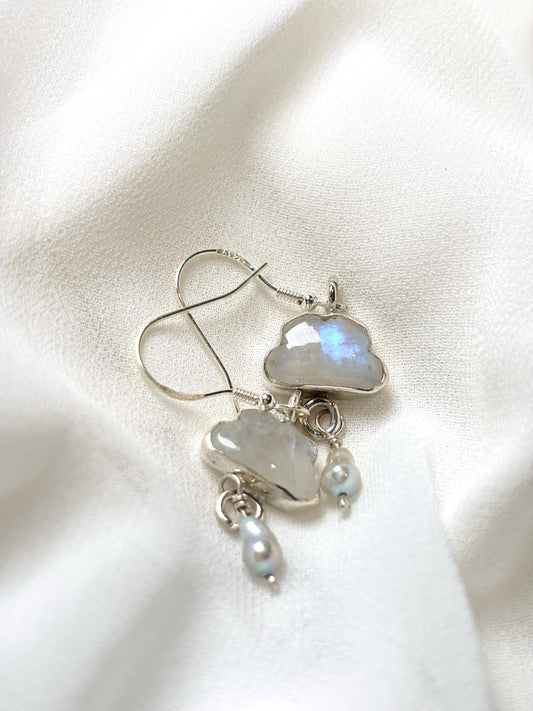 Sunny, Partly Cloudy, Chance of Shower Exquisite Moonstone Bluish Baroque Pearls Sterling Silver Earrings.