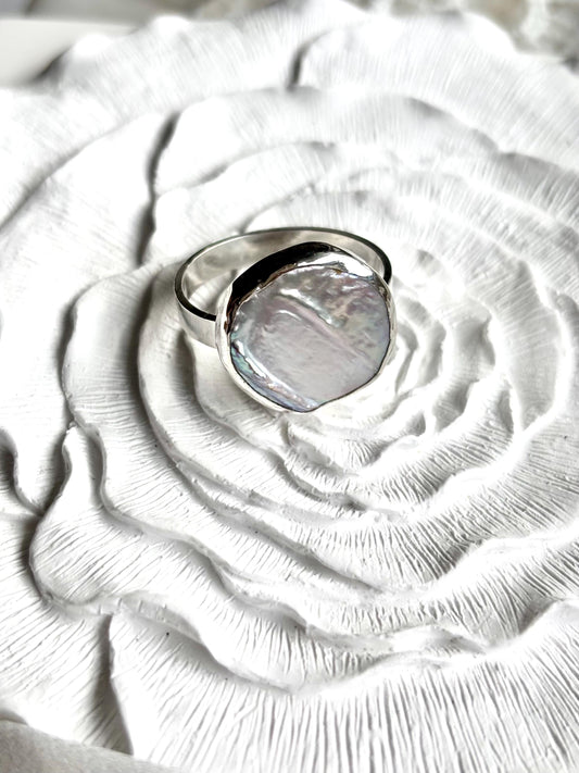 Natural coin white pearl statement 925 sterling silver ring