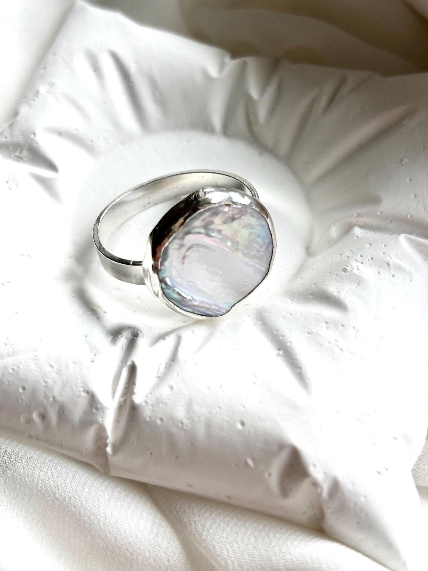 Natural coin white pearl statement 925 sterling silver ring