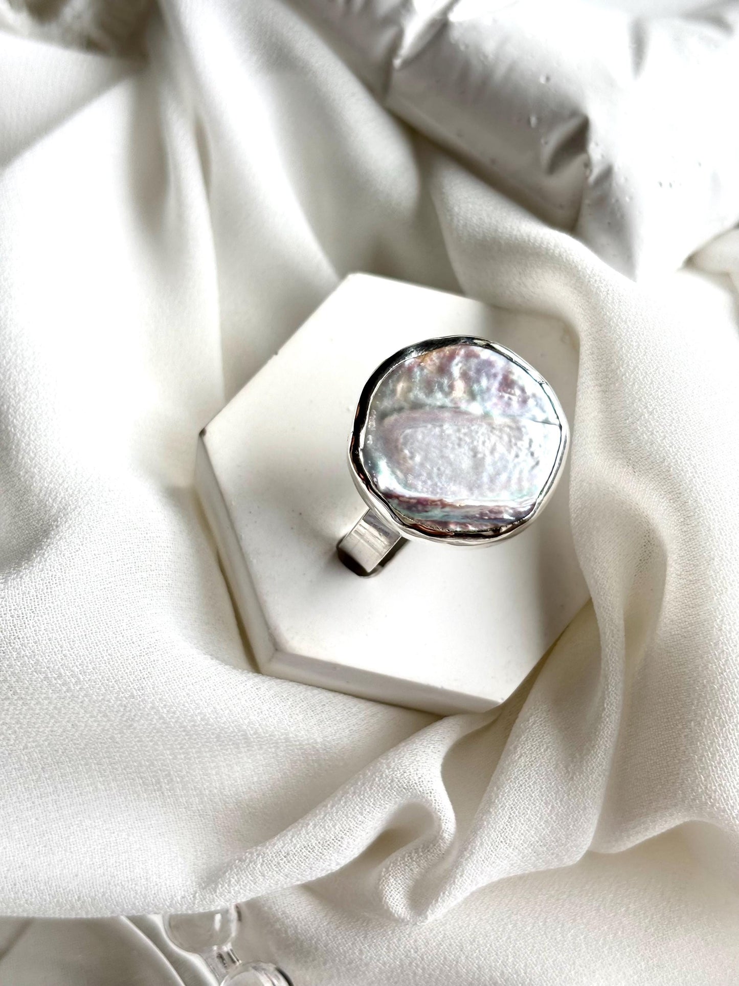 Natural coin white pearl statement 925 sterling silver ring