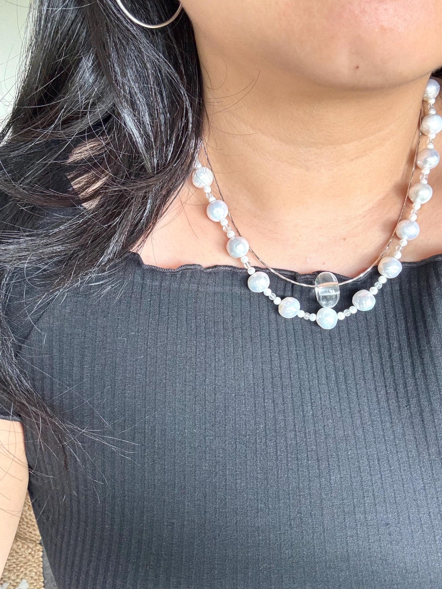 High-Quality Baroque Pearl and Natural Clear Quartz Necklace with Sterling Silver Clasp