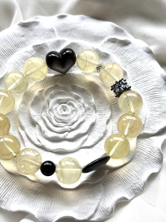 Lemon Quartz Labradorite Bracelet with Heart Shaped Silver Obsidian & Black Mother of Pearl