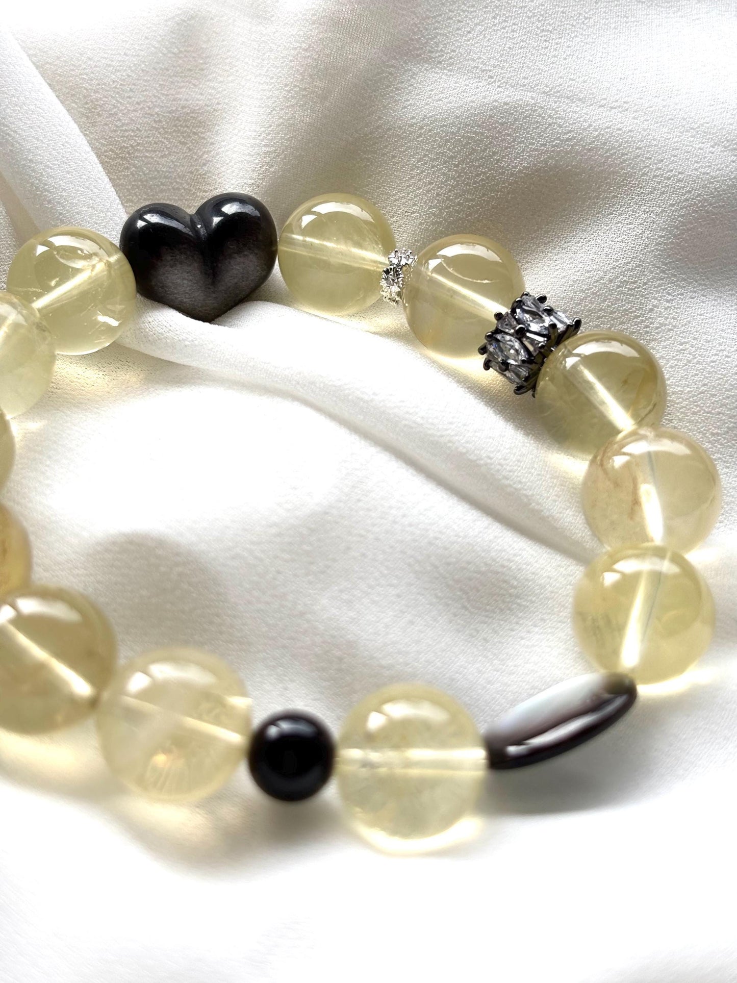 Lemon Quartz Labradorite Bracelet with Heart Shaped Silver Obsidian & Black Mother of Pearl