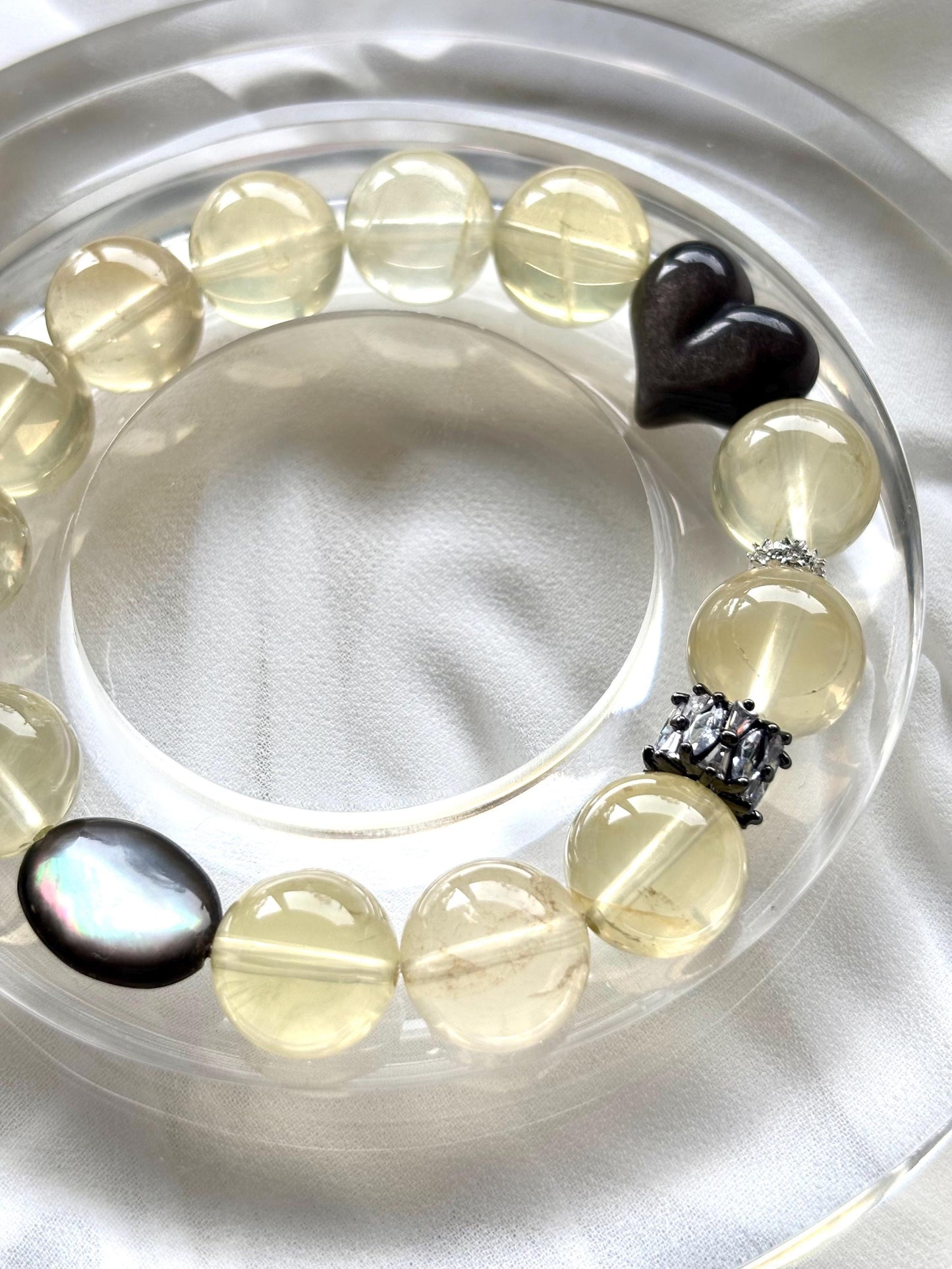 Lemon Quartz Labradorite Bracelet with Heart Shaped Silver Obsidian & Black Mother of Pearl
