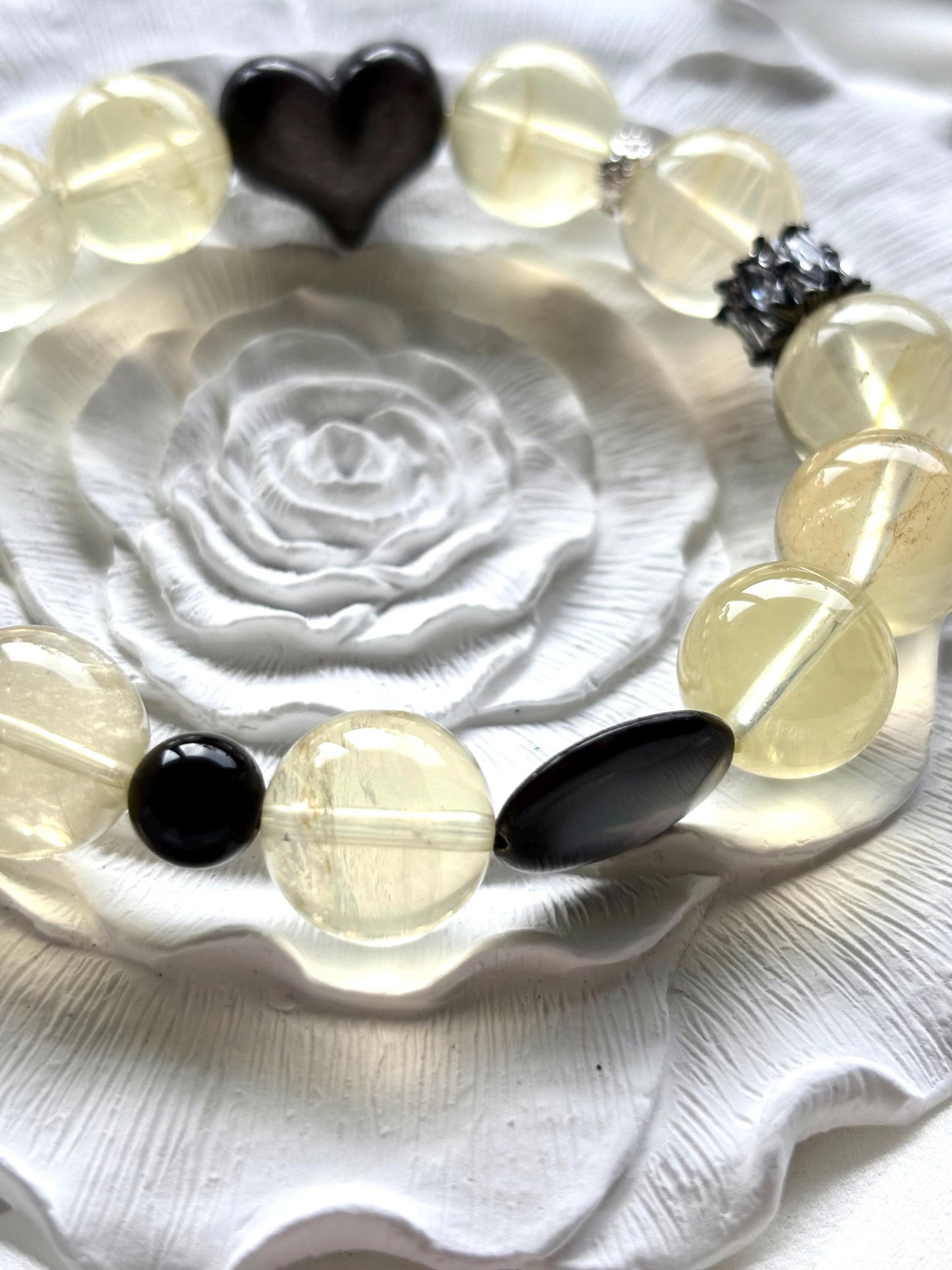 Lemon Quartz Labradorite Bracelet with Heart Shaped Silver Obsidian & Black Mother of Pearl