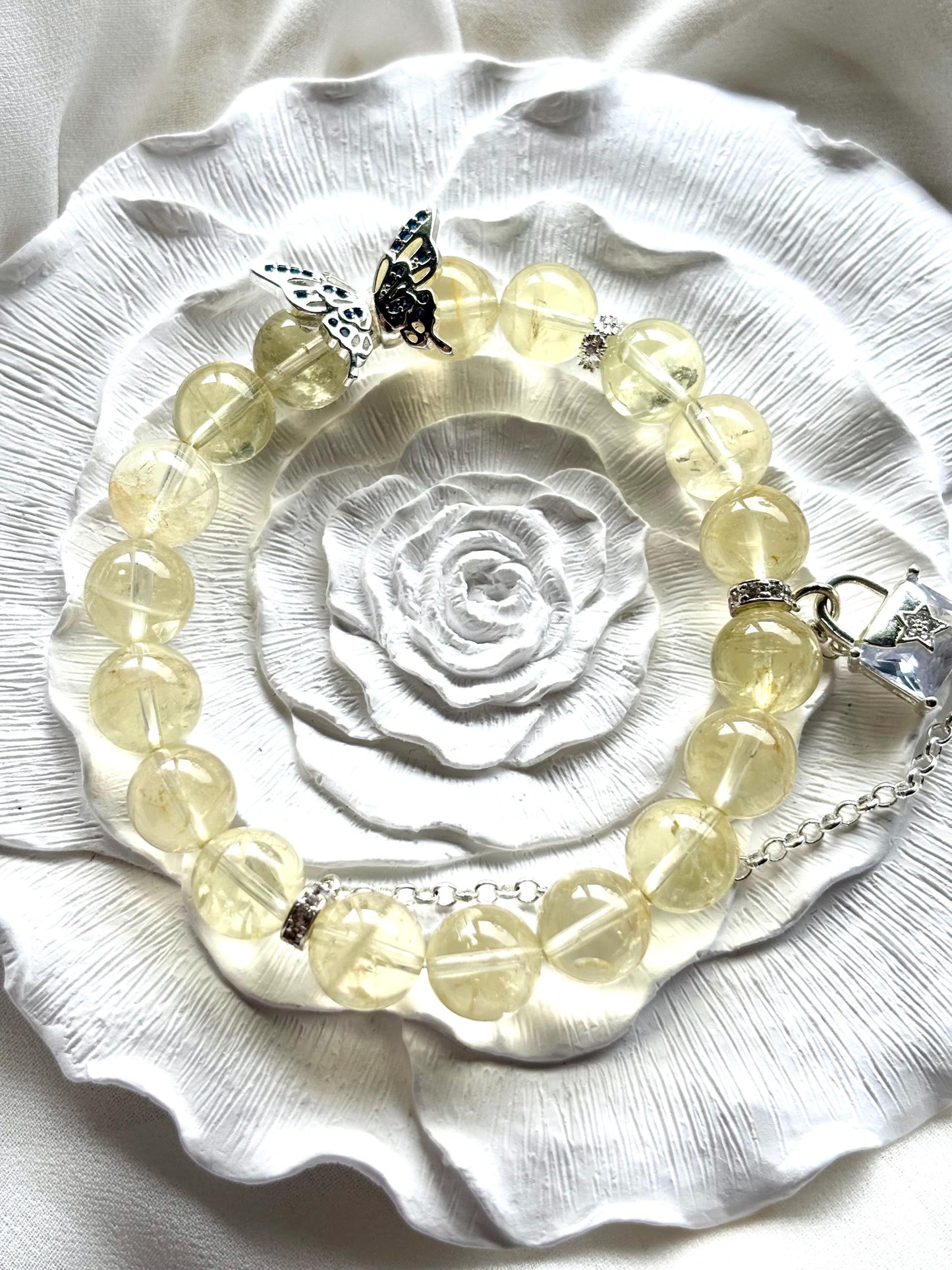 Lemon Quartz Butterfly Bracelet with Clear Letter Chain Charm - Feminine Jewelry
