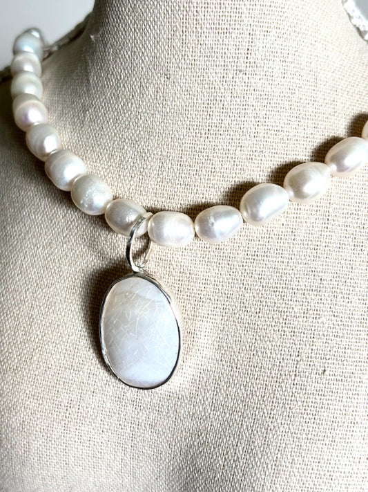 Handcrafted White Pearl Necklace with Sterling Silver Mother of Pearl Pendant