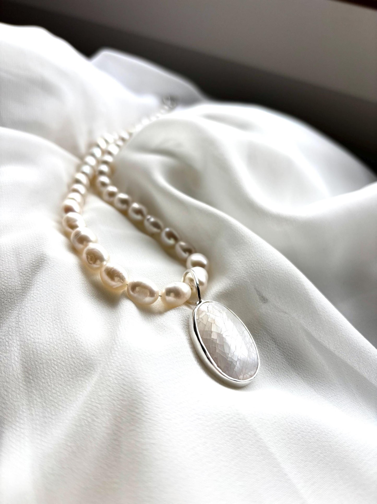 Handcrafted White Pearl Necklace with Sterling Silver Mother of Pearl Pendant