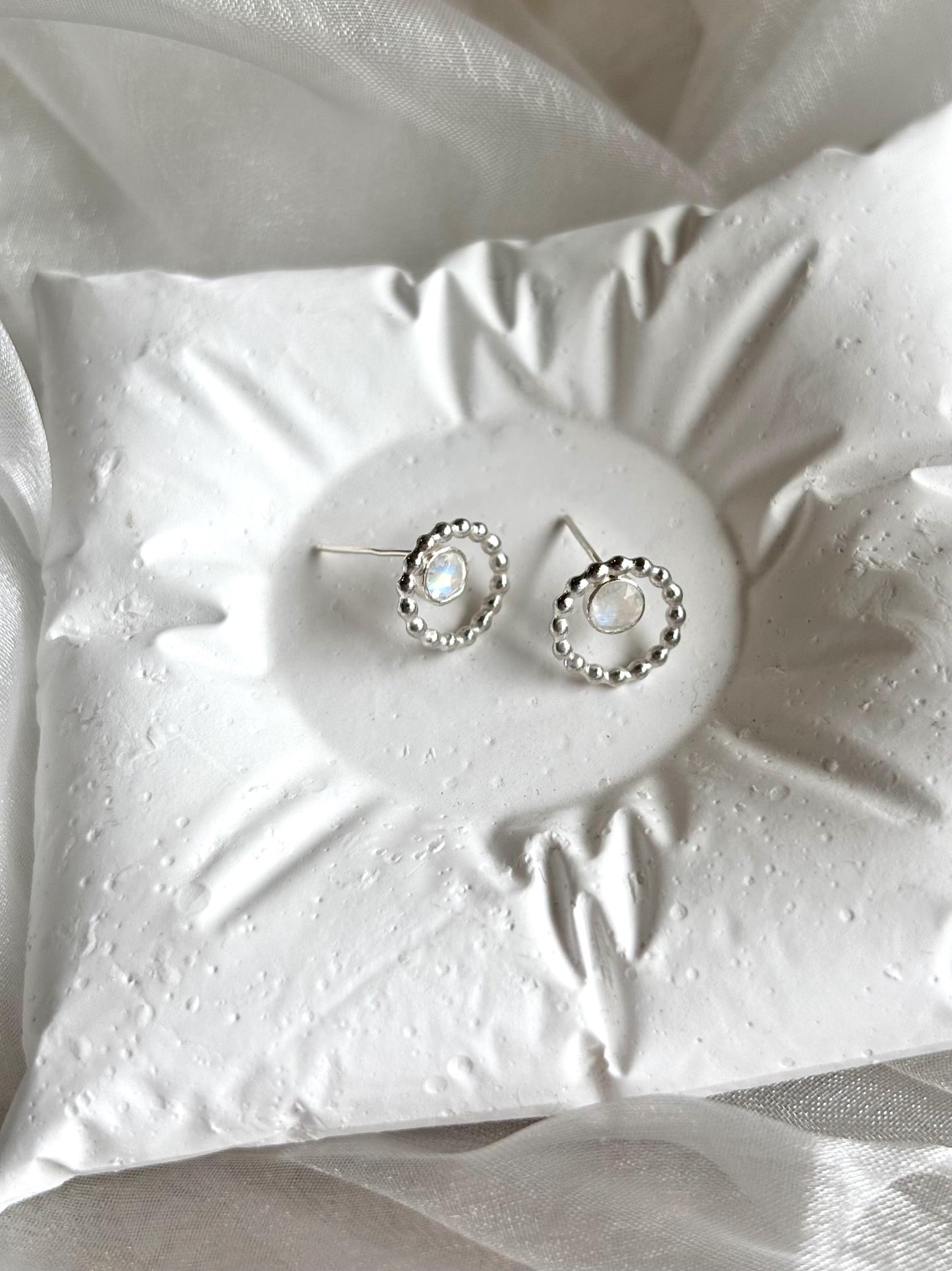 Beaded Frame Moonstone Stud Earrings in Sterling Silver 925 – June Birthstone
