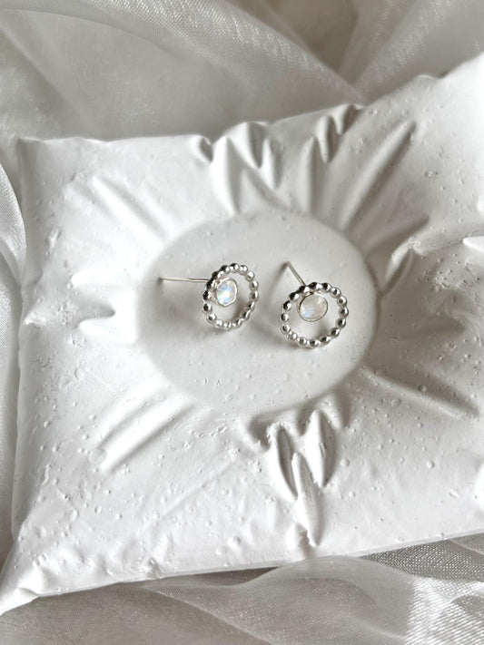 Beaded Frame Moonstone Stud Earrings in Sterling Silver 925 – June Birthstone