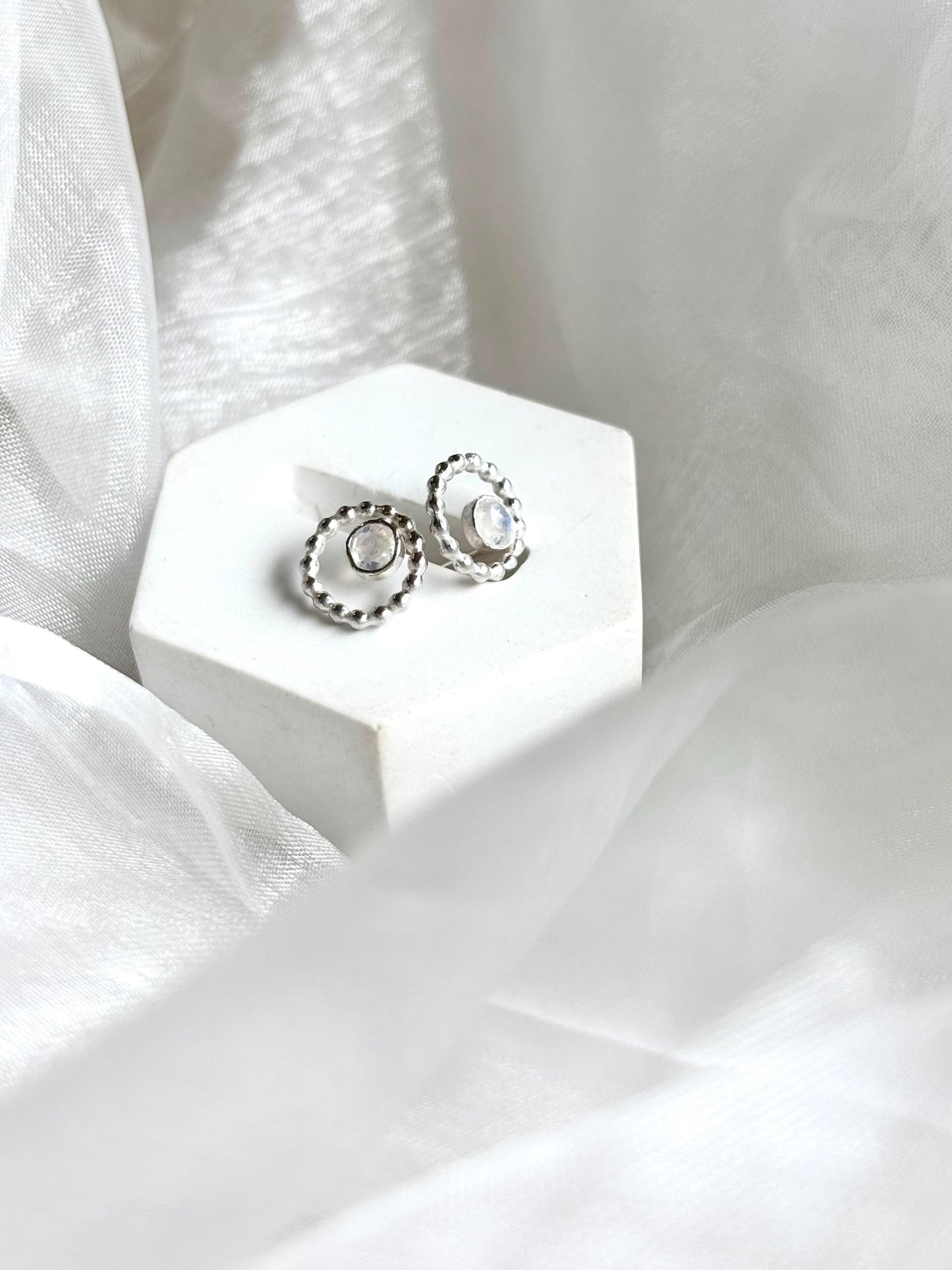 Beaded Frame Moonstone Stud Earrings in Sterling Silver 925 – June Birthstone