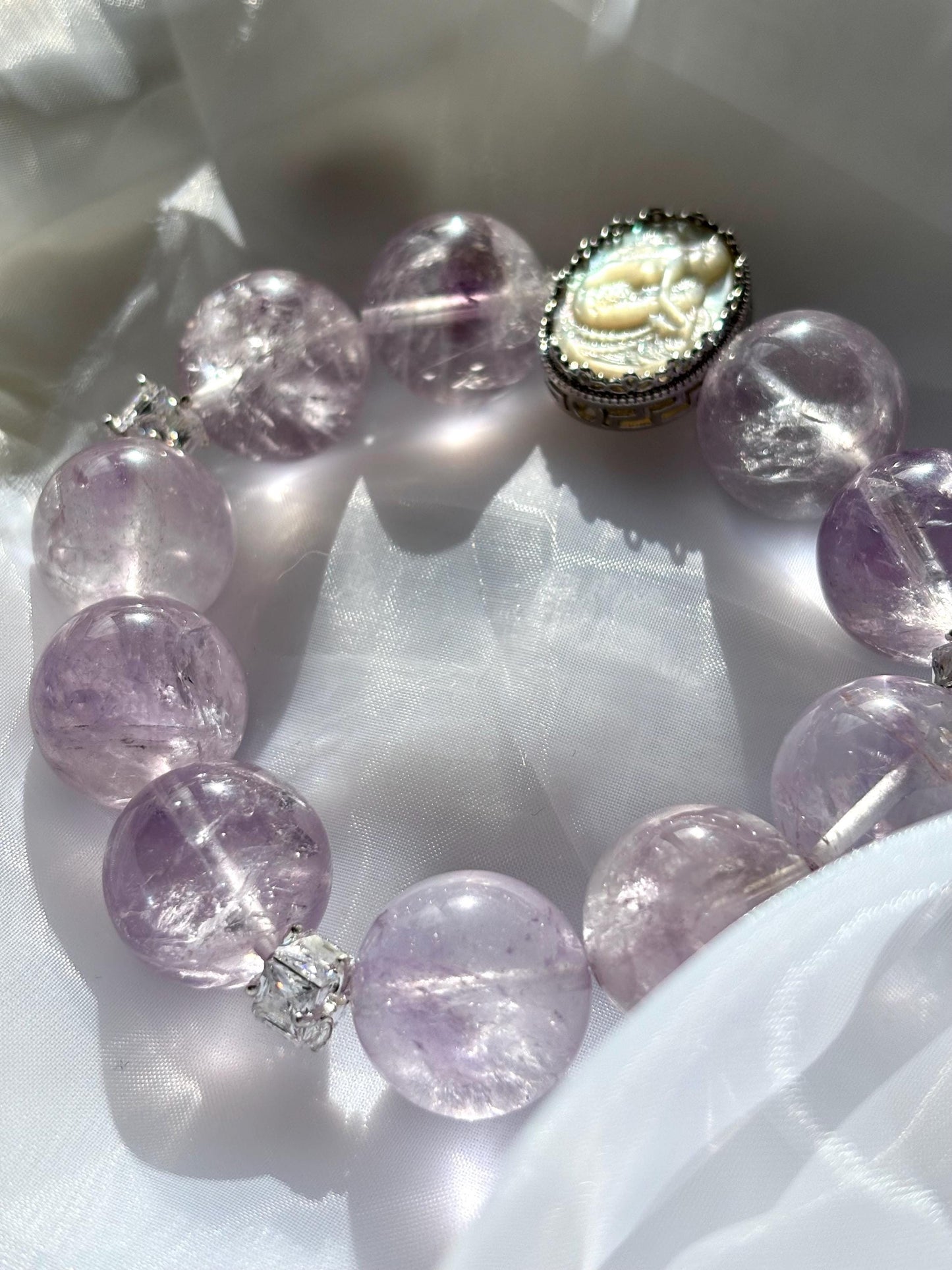 Lavender Amethyst Big Grapes Bracelet with Shell Mermaid Cameo Accent.