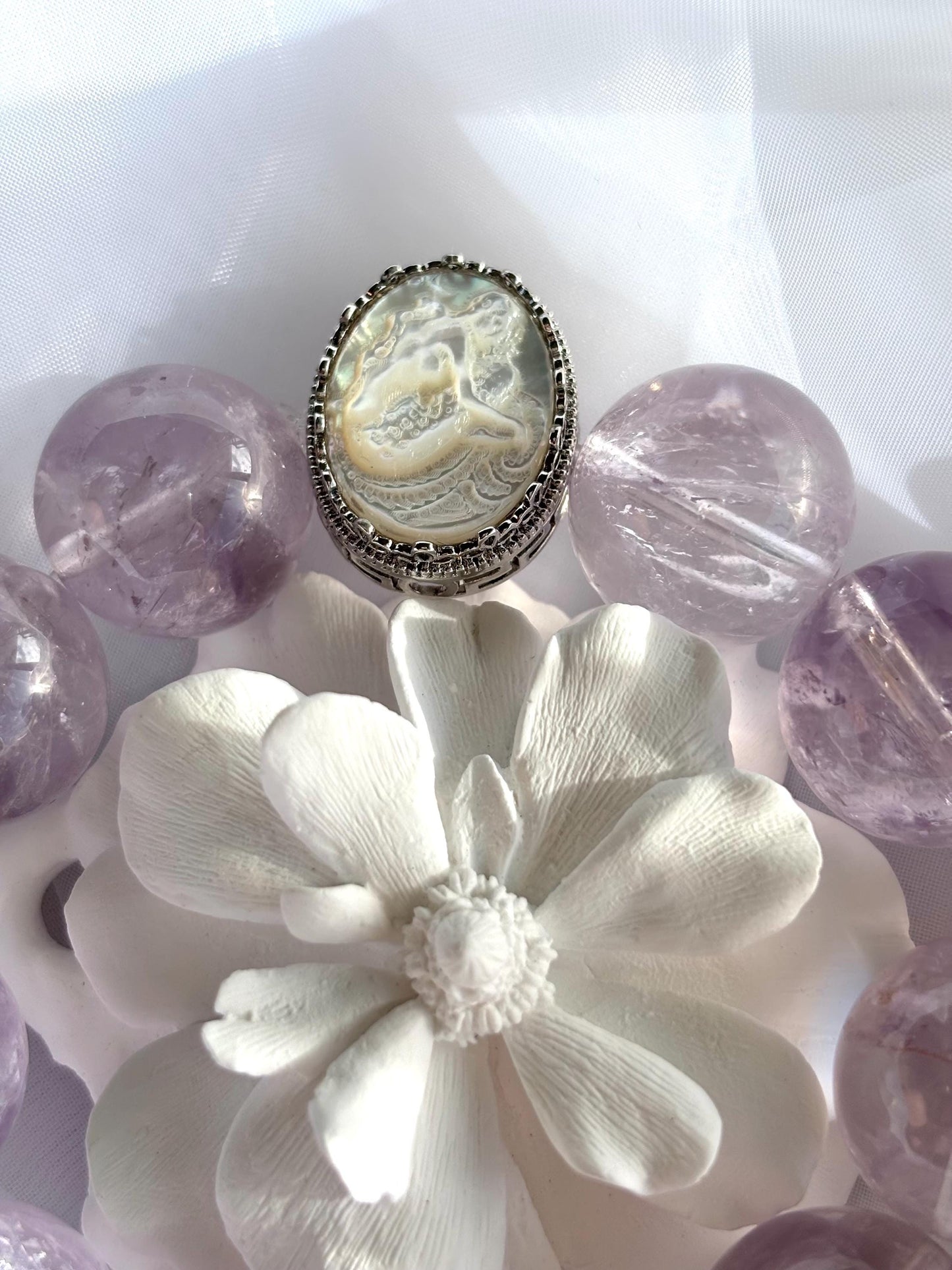 Lavender Amethyst Big Grapes Bracelet with Shell Mermaid Cameo Accent.