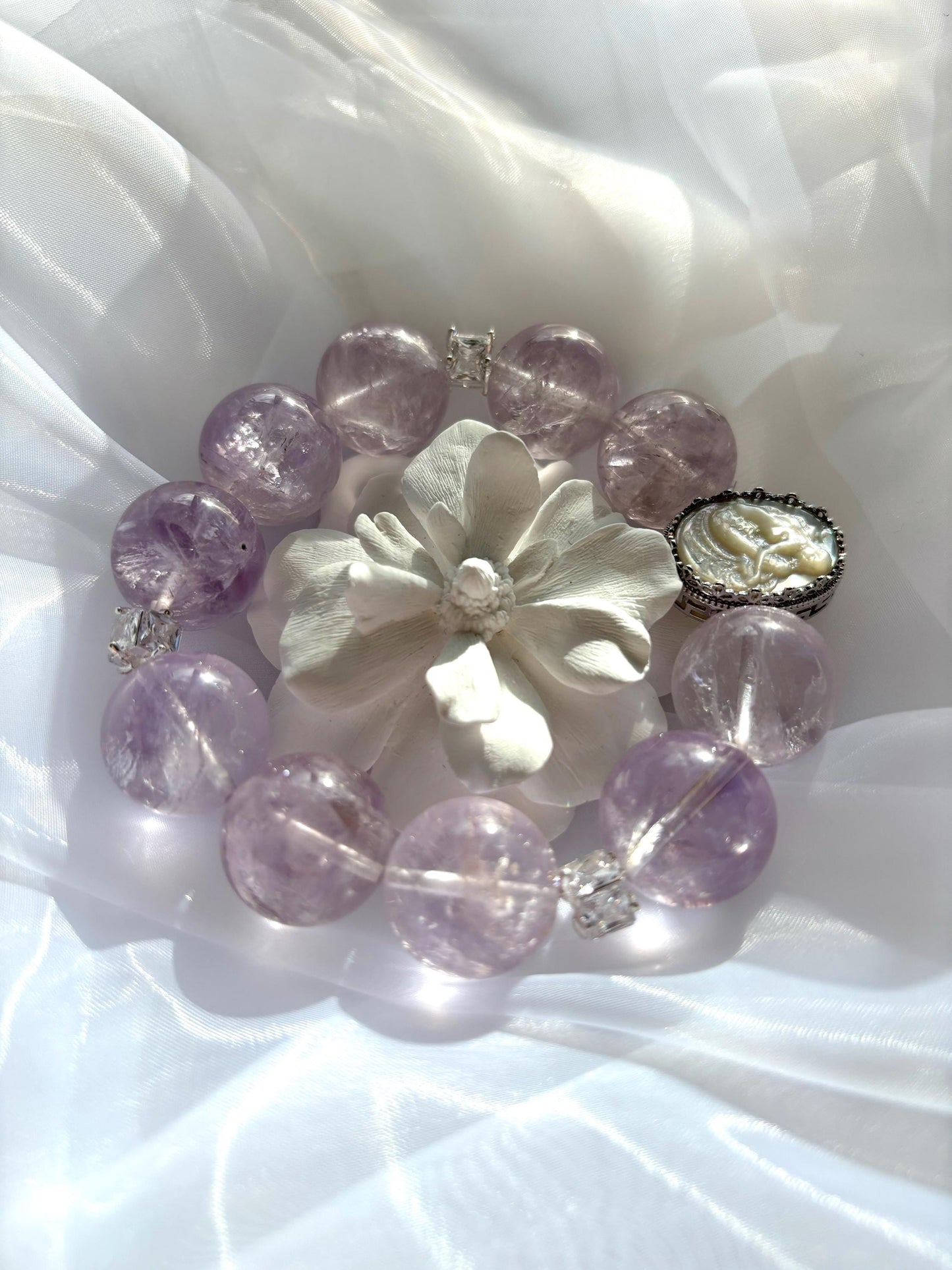 Lavender Amethyst Big Grapes Bracelet with Shell Mermaid Cameo Accent.